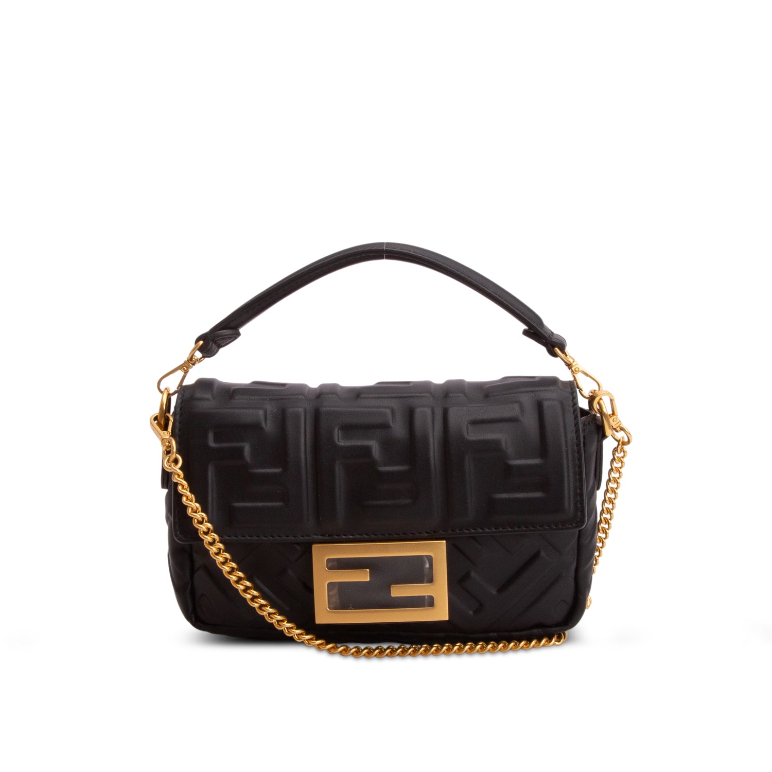 Fendi 2026 Black Nappa Mini FF Embossed Baguette w/ Box, Straps & Receipt