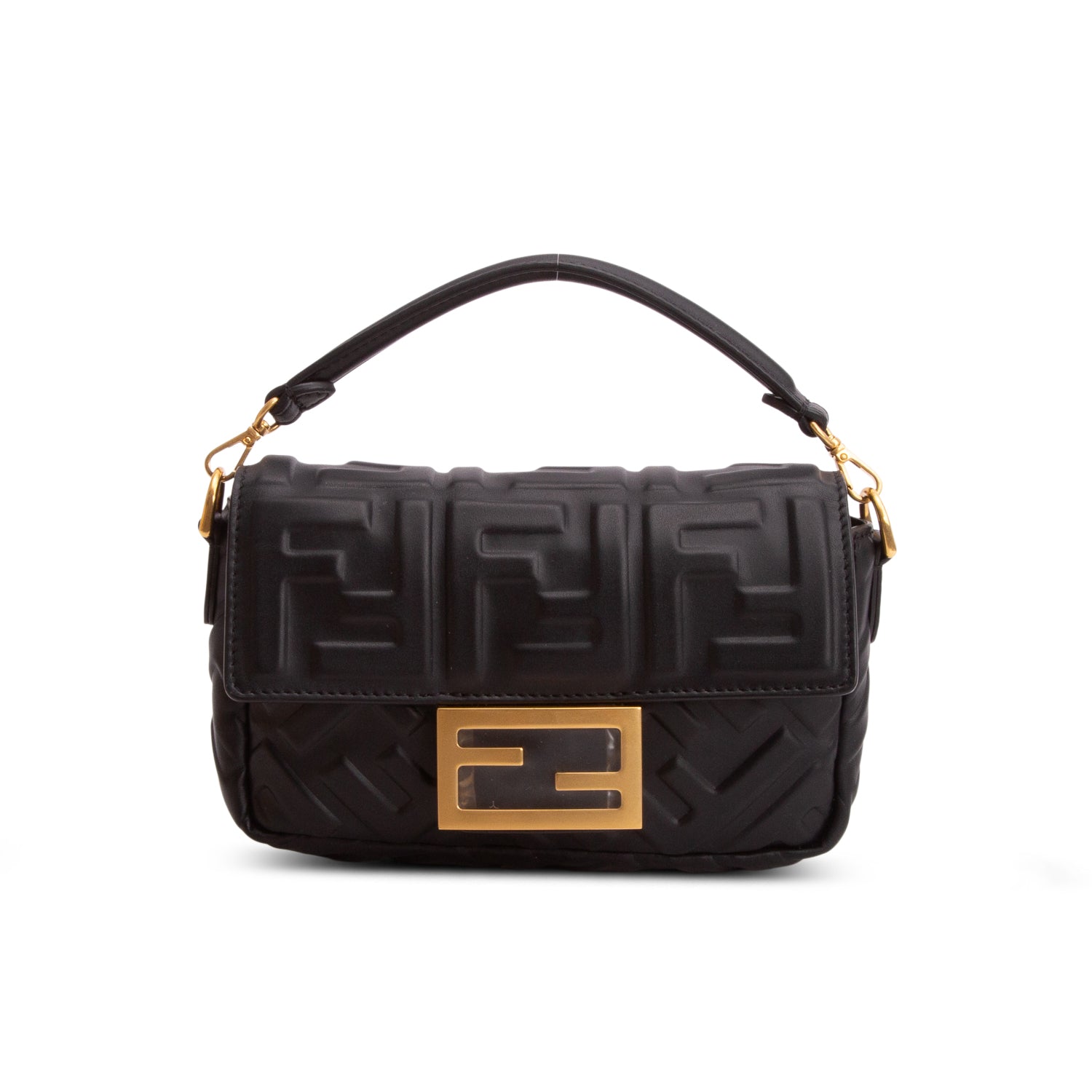 Fendi 2026 Black Nappa Mini FF Embossed Baguette w/ Box, Straps & Receipt