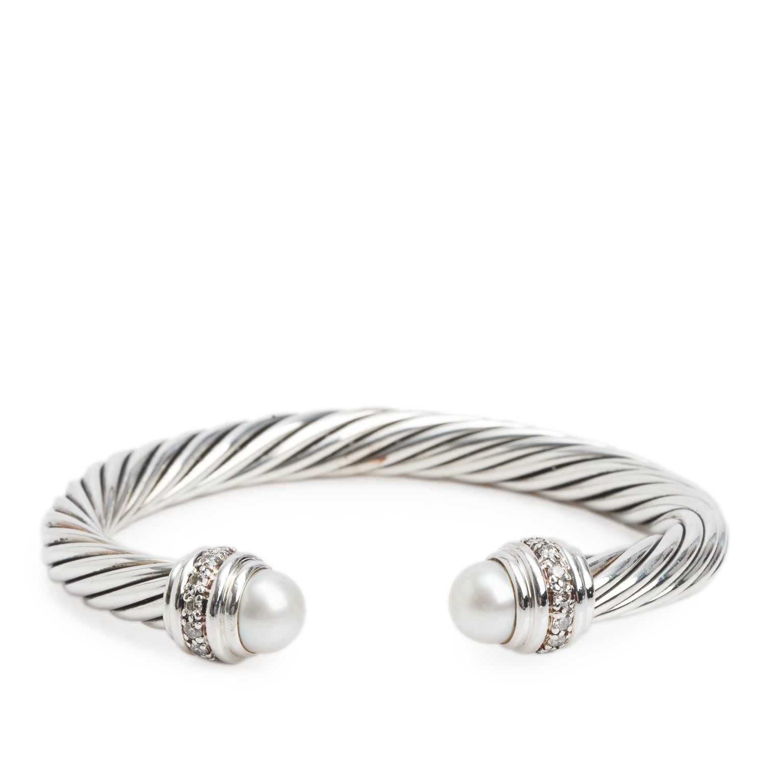 David Yurman Sterling Silver Pearl & Diamond 7MM Cable Cuff Bracelet