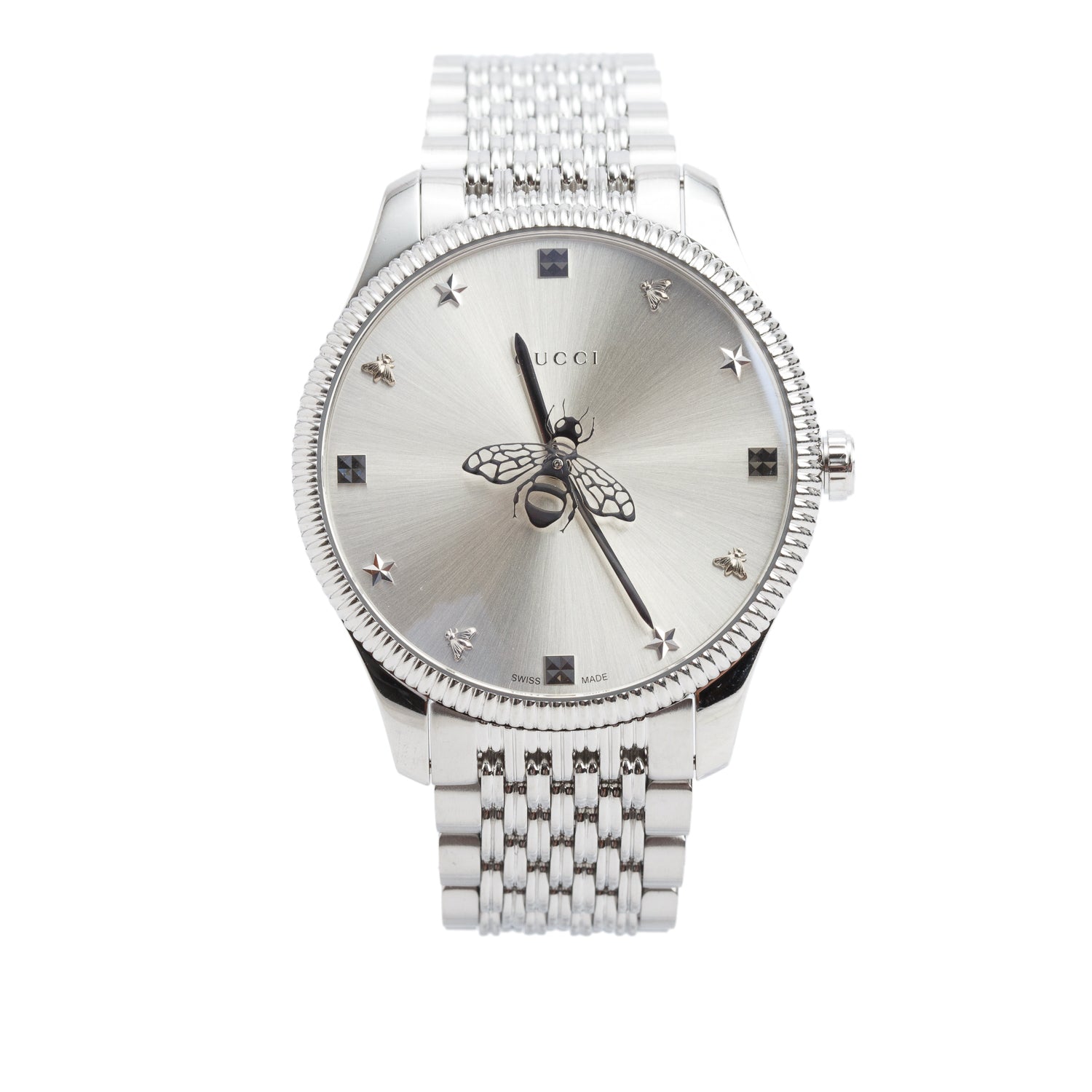 Gucci Stainless Steel G-Timeless Slim 36 MM Quartz Watch Silver Bee Motif Dial YA1264153 w/ Box