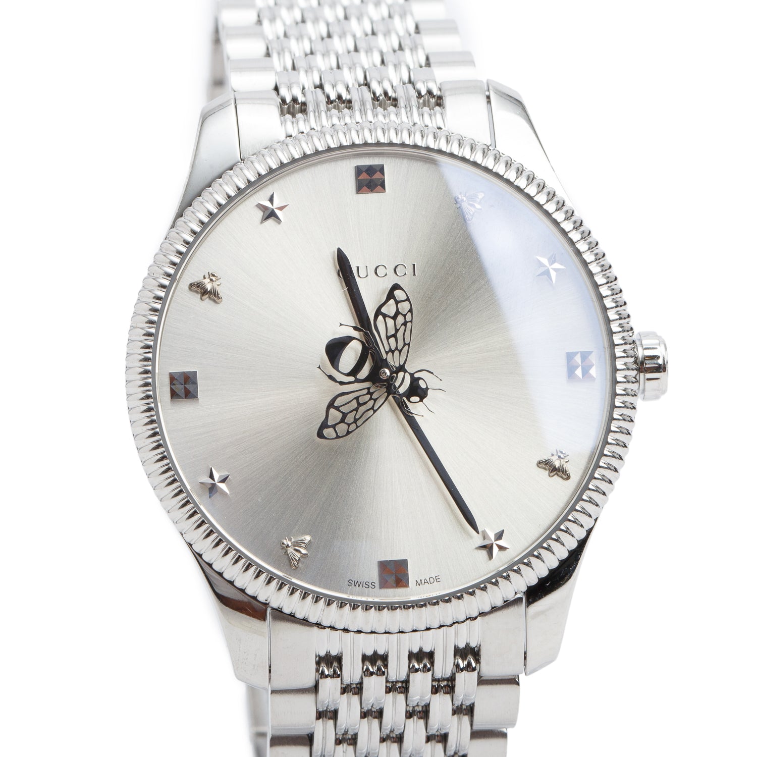 Gucci Stainless Steel G-Timeless Slim 36 MM Quartz Watch Silver Bee Motif Dial YA1264153 w/ Box
