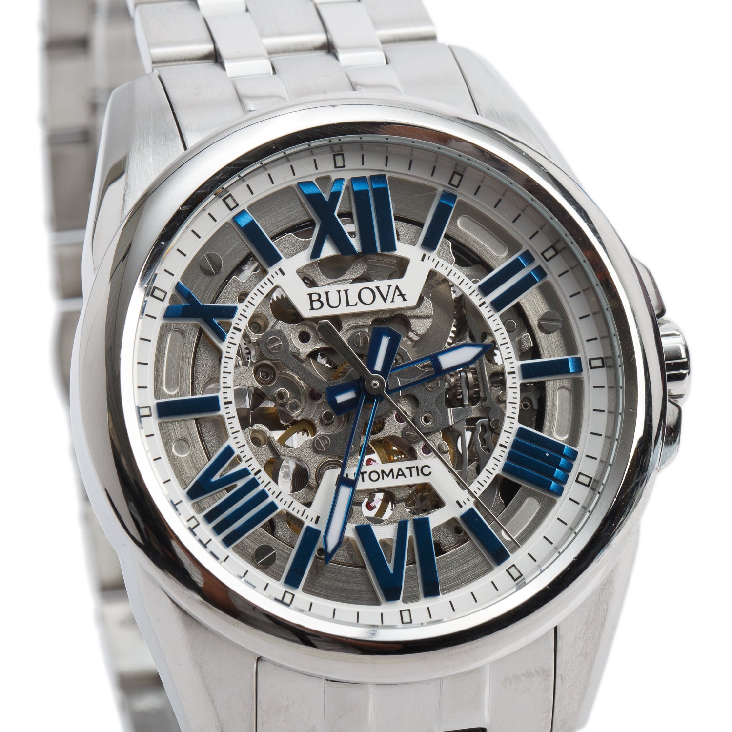 Bulova Stainless Steel Classic Sutton 43 MM Quartz Watch Blue Skeleton Dial 96A187 w/ Box