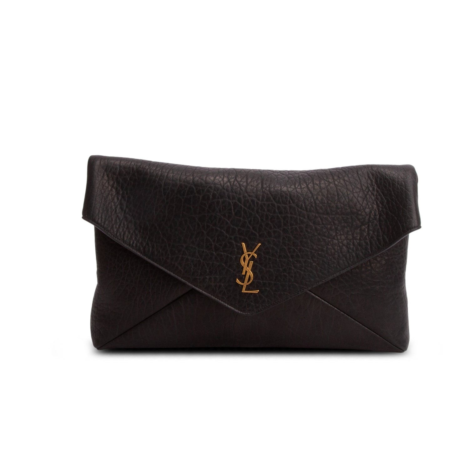 Saint Laurent 2025 Black Grained Lambskin Large Cassandre Envelope Pouch on Chain