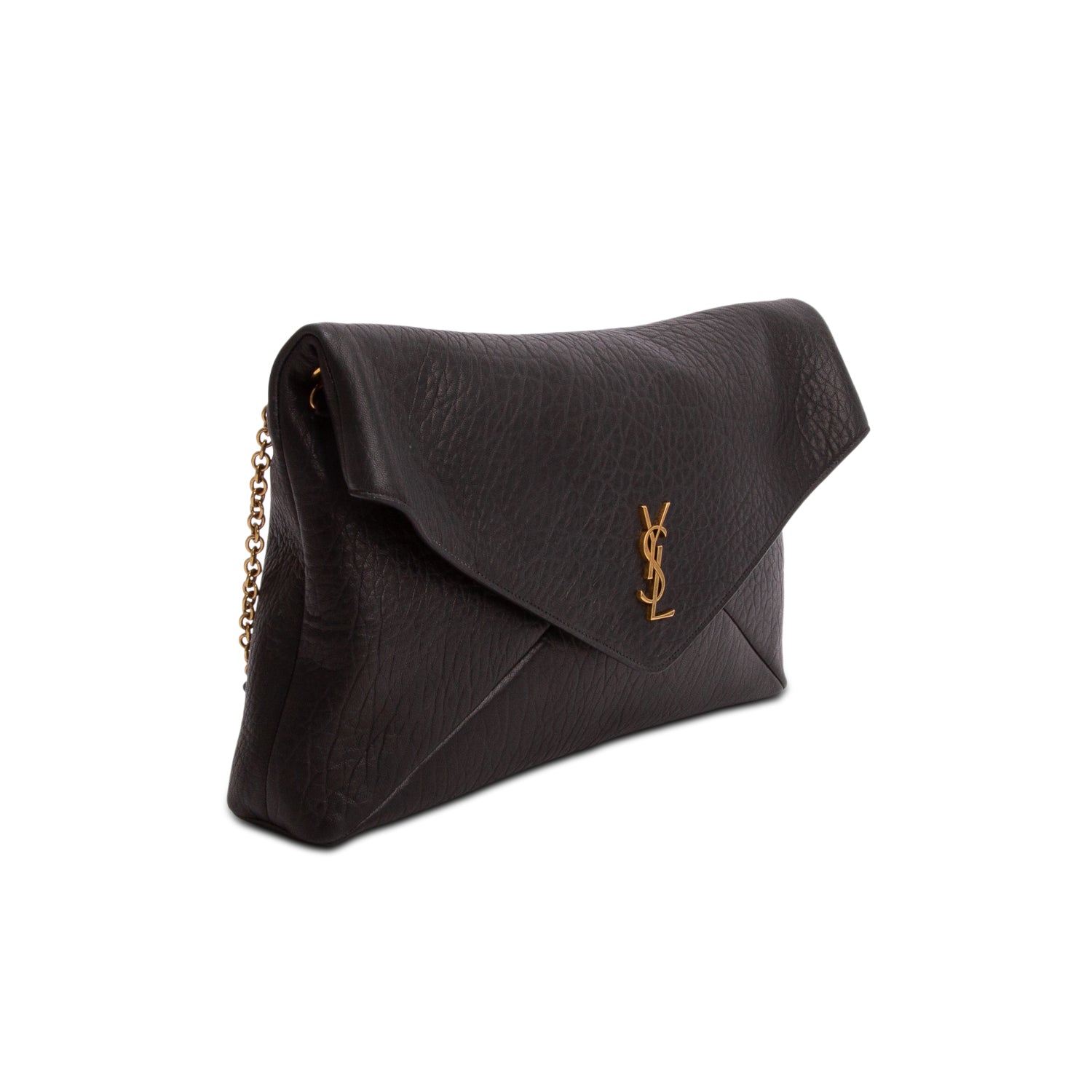 Saint Laurent 2025 Black Grained Lambskin Large Cassandre Envelope Pouch on Chain