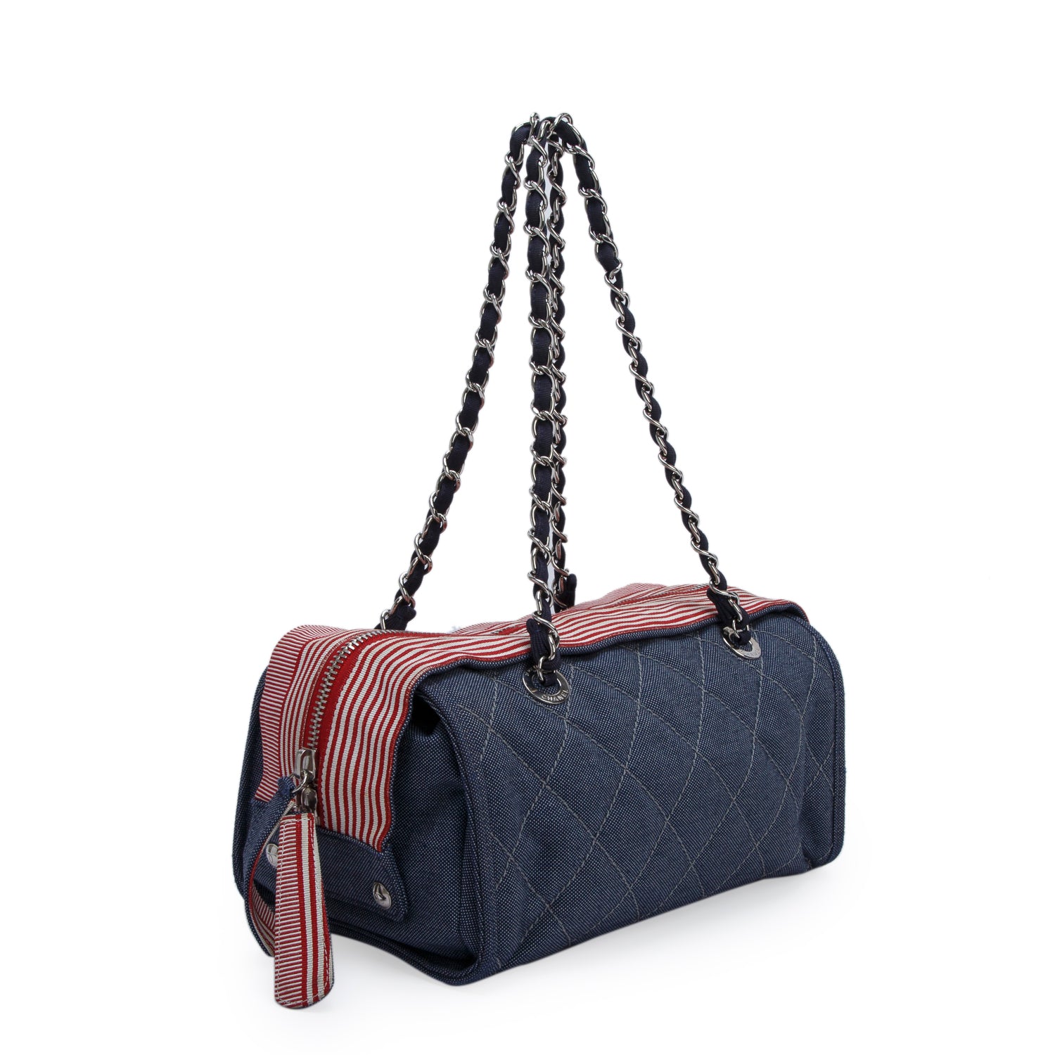 Chanel Blue Denim Quilted CC Chain Bowler Bag w/ Authenticity Card