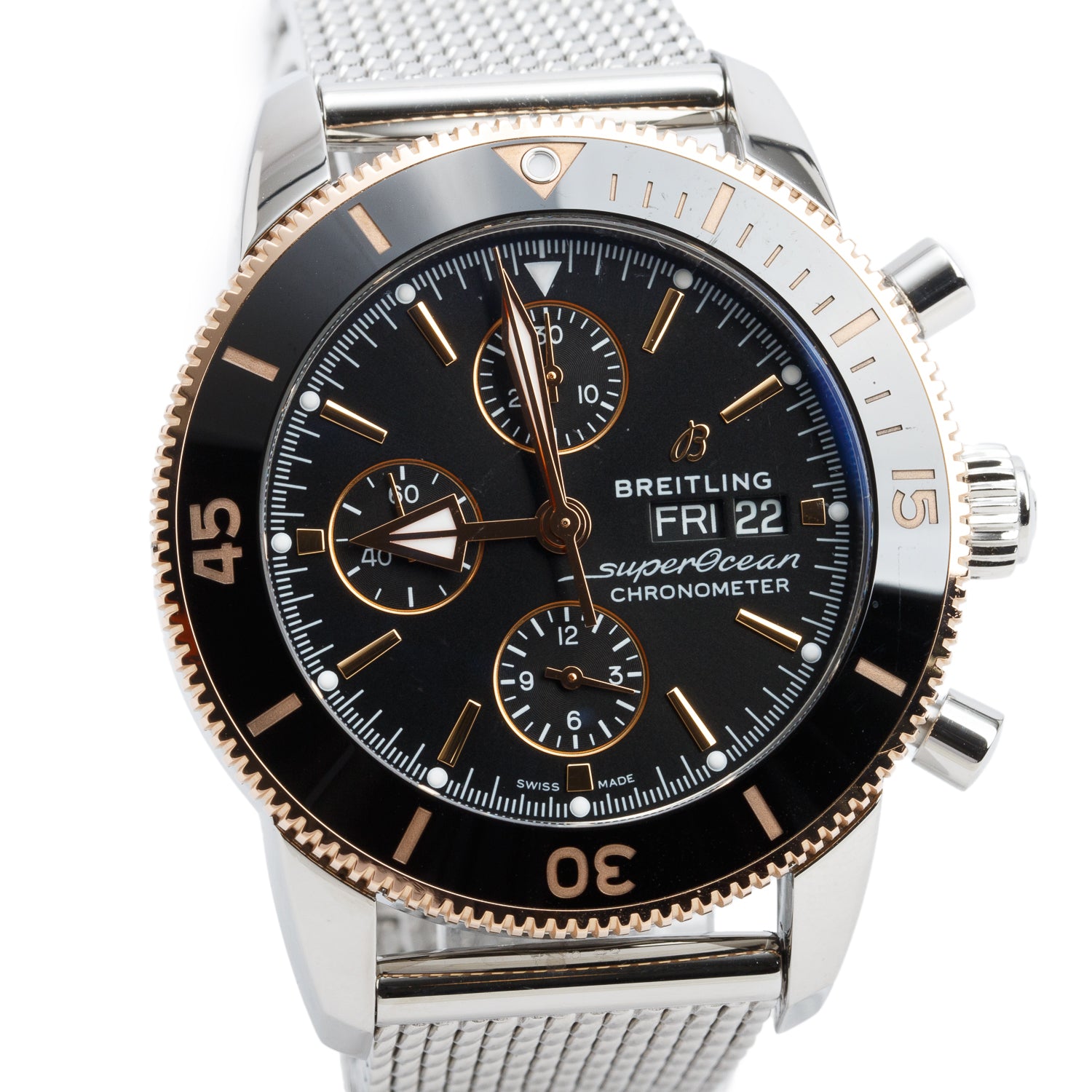 Breitling Stainless Steel & 18k Rose Gold Superocean Heritage Chronograph 44 MM Automatic Watch Black Dial U13313 w/ Box