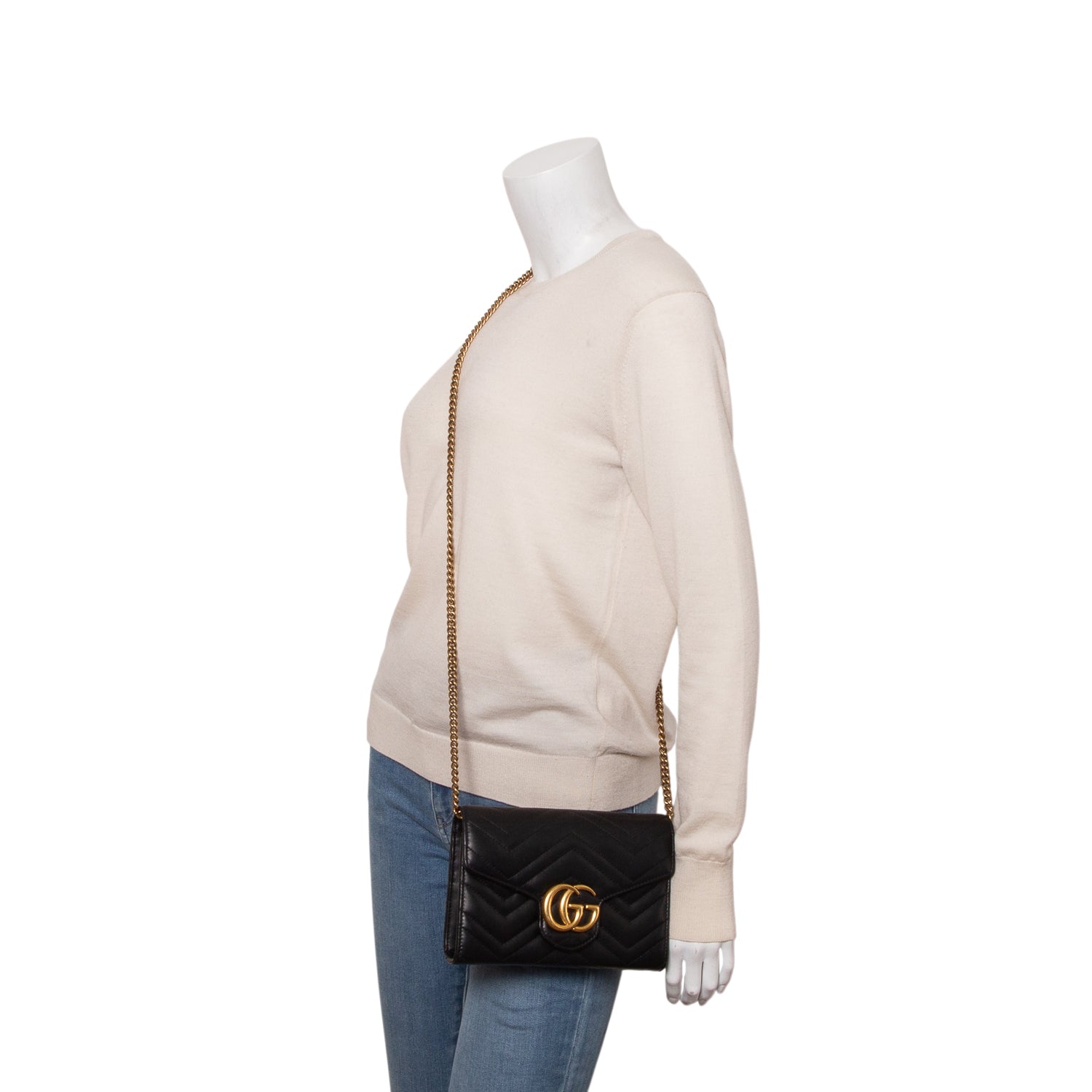 Gucci Black Calfskin Matelasse GG Marmont Wallet on Chain
