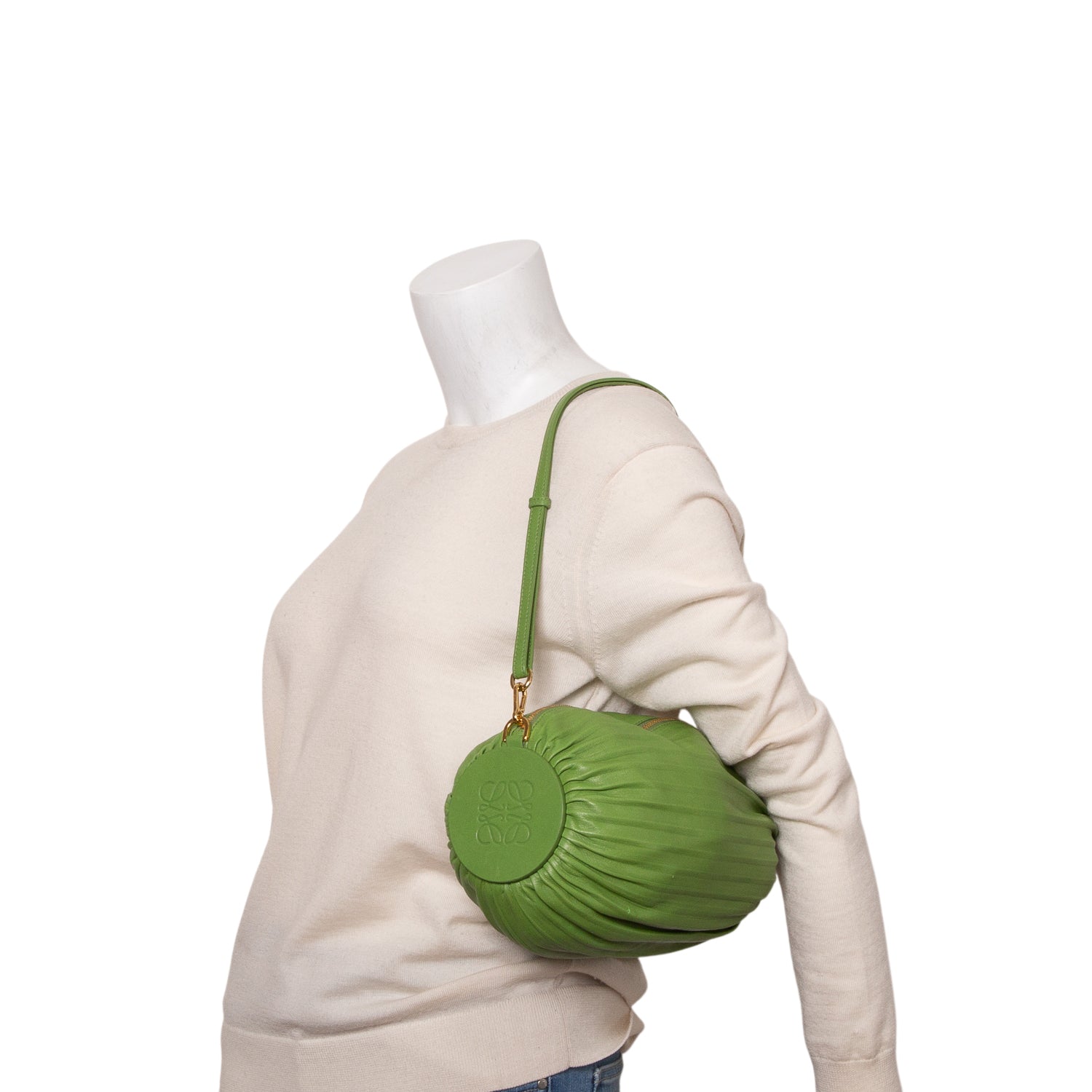 Loewe Green Lambskin Pleated Bracelet Pouch Shoulder Bag