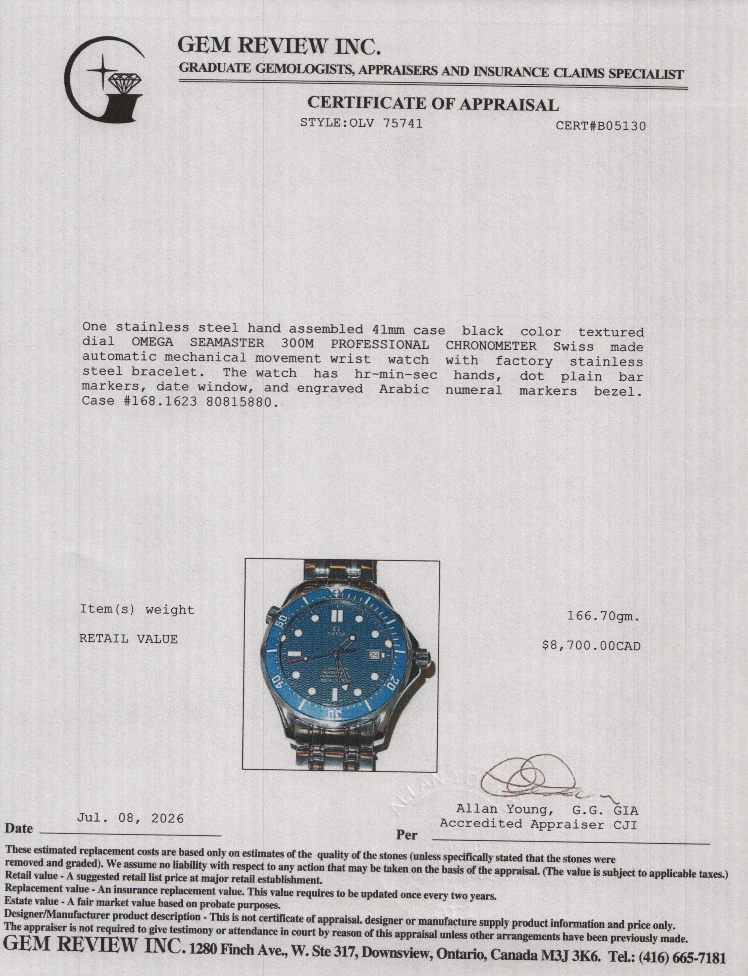 Omega Stainless Steel Seamaster 300M Professional Chronometer 41 MM Automatic Watch Blue Dial