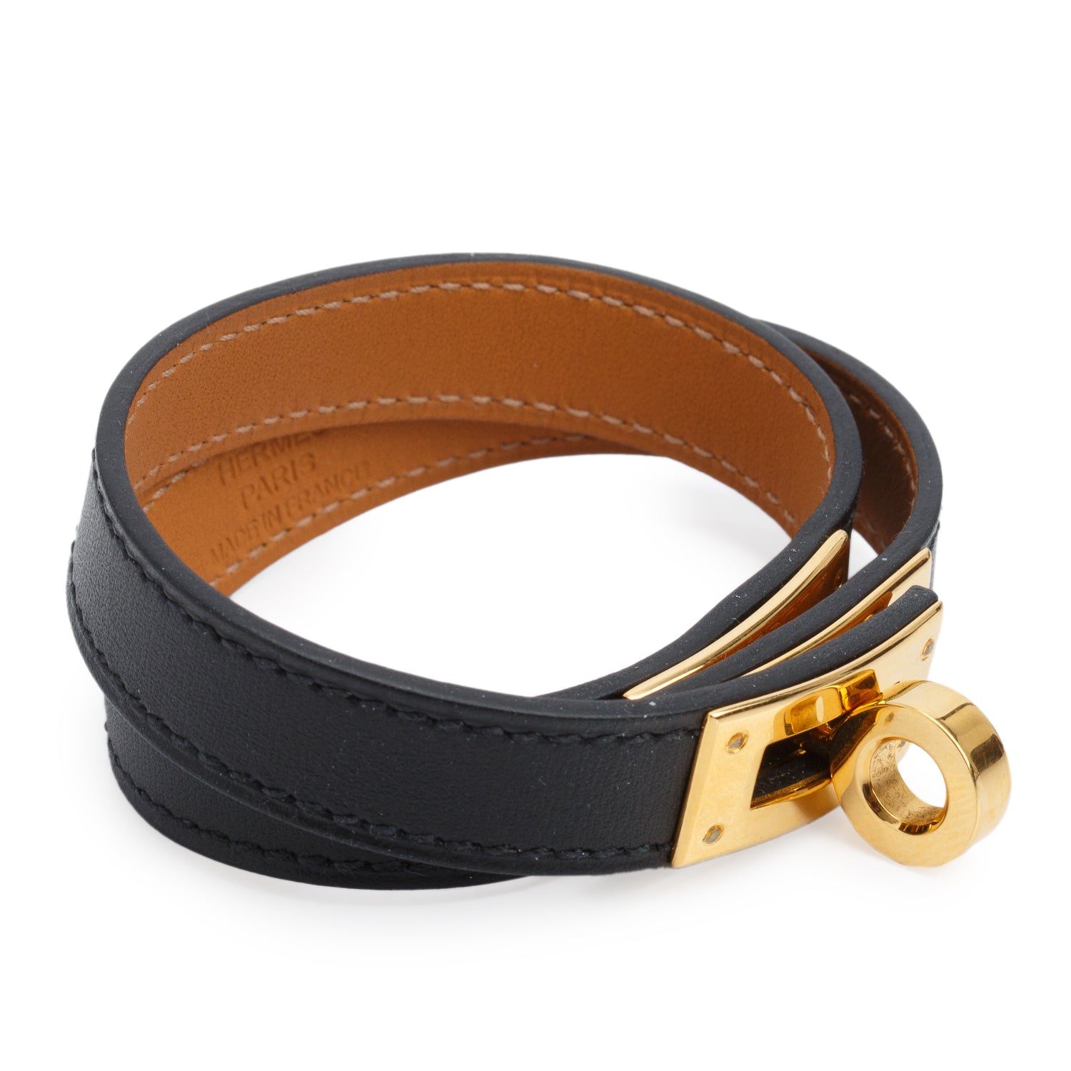 Hermes Gold Plated Black Calfskin Kelly Double Tour Bracelet, Size S