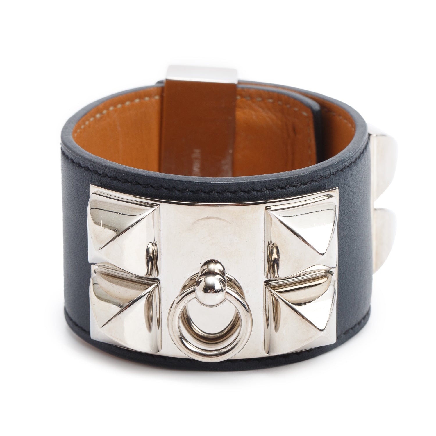 Hermes Palladium-Plated Black Calfskin Leather Collier de Chien Bracelet, Size S