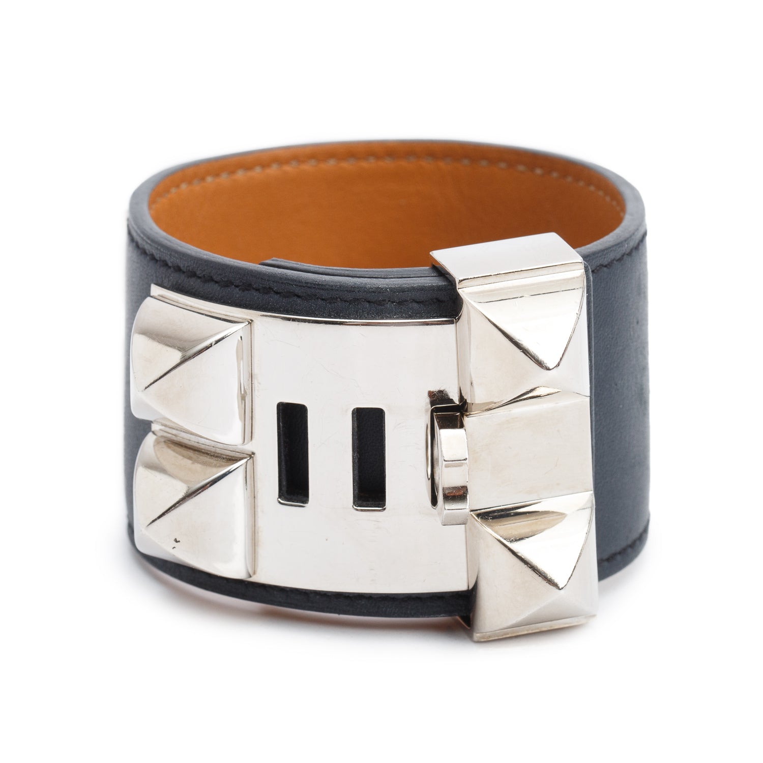 Hermes Palladium-Plated Black Calfskin Leather Collier de Chien Bracelet, Size S