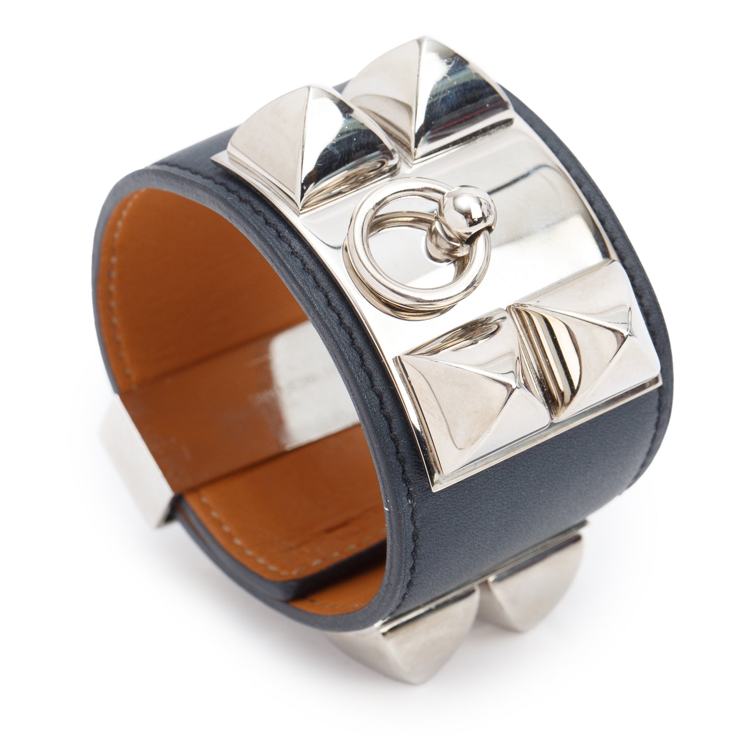 Hermes Palladium-Plated Black Calfskin Leather Collier de Chien Bracelet, Size S