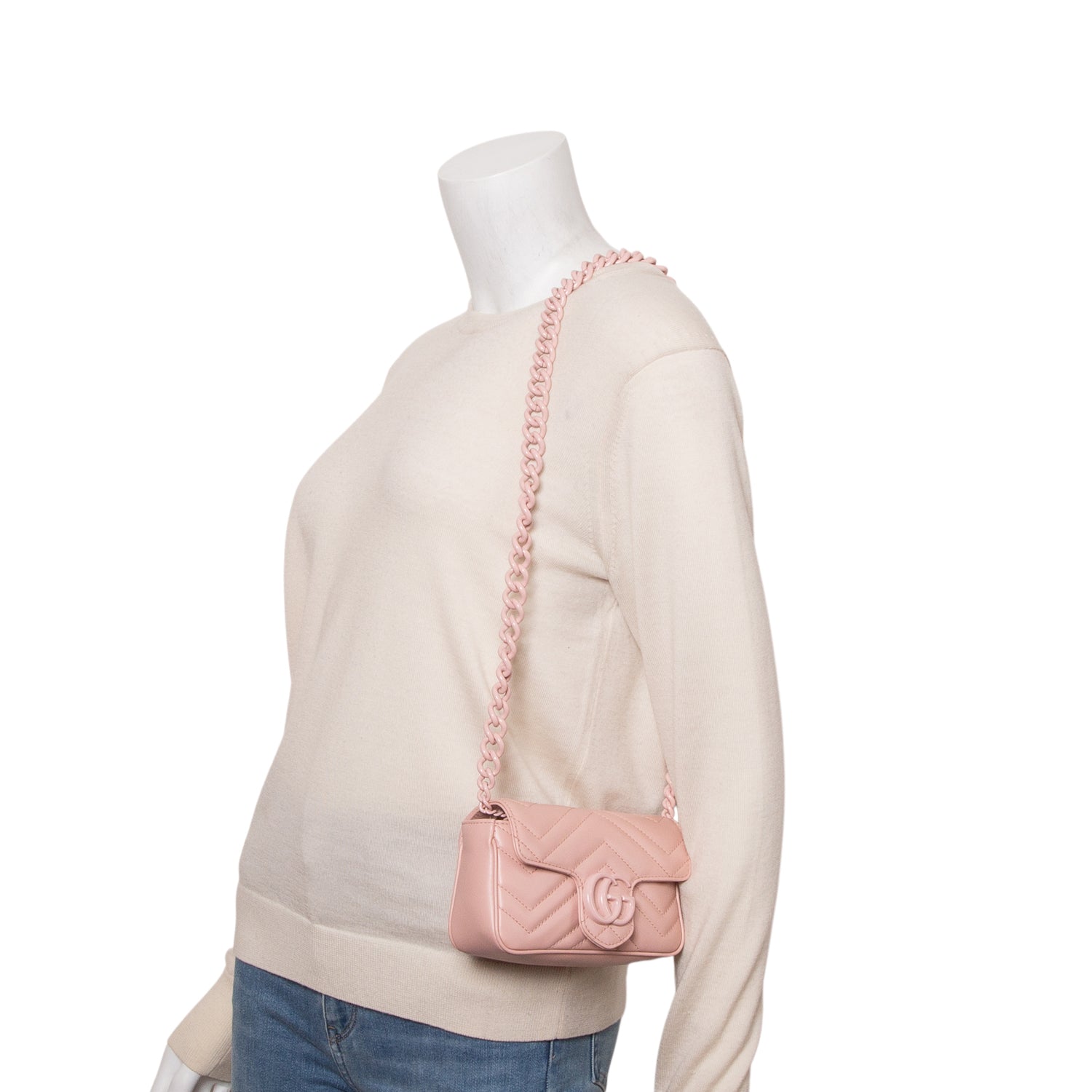 Gucci Pink Calfskin Matelasse Monochrome GG Marmont Chain Belt Bag w/ Box