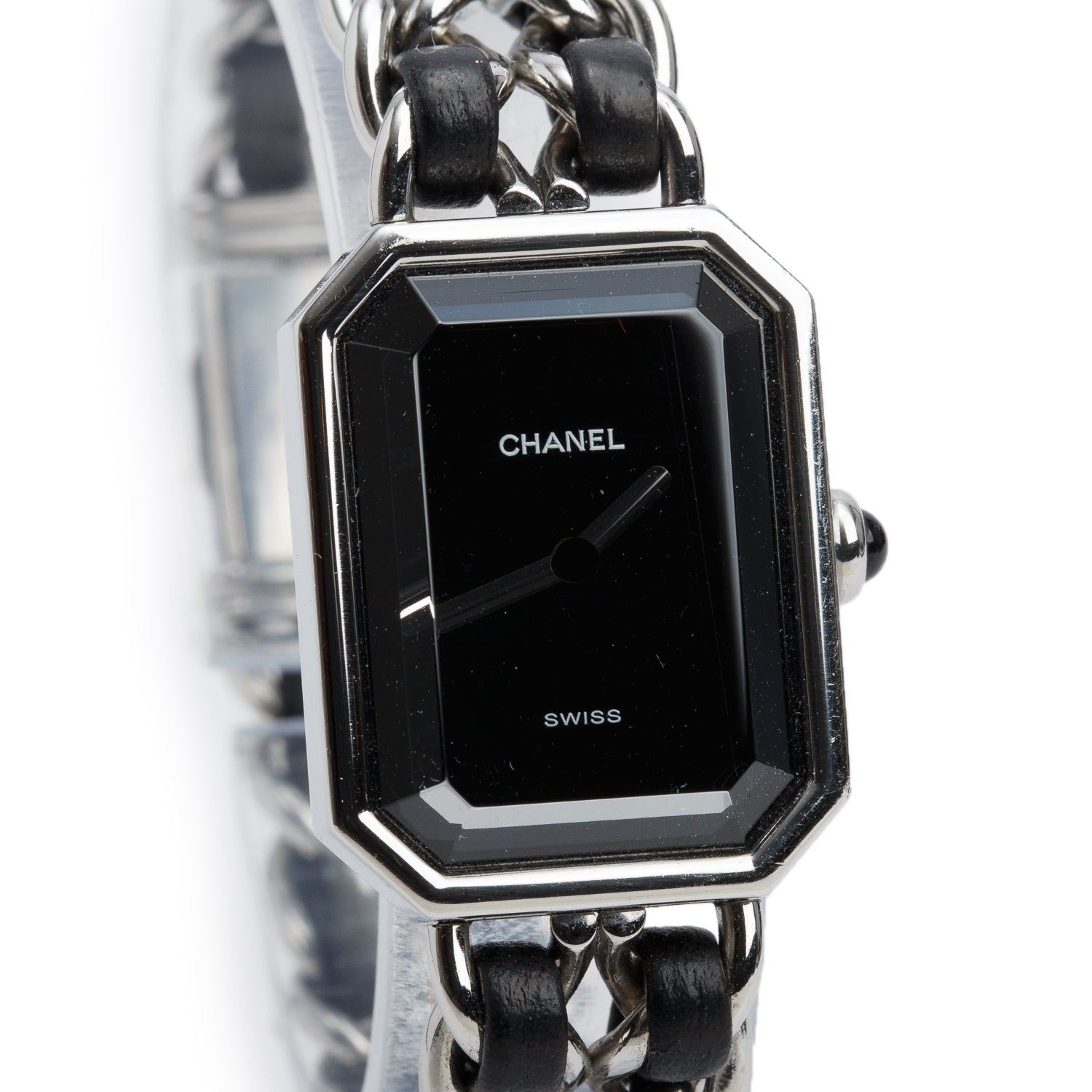 Chanel Stainless Steel & Black Leather Premiere Iconic Chain Watch Black Dial H0451
