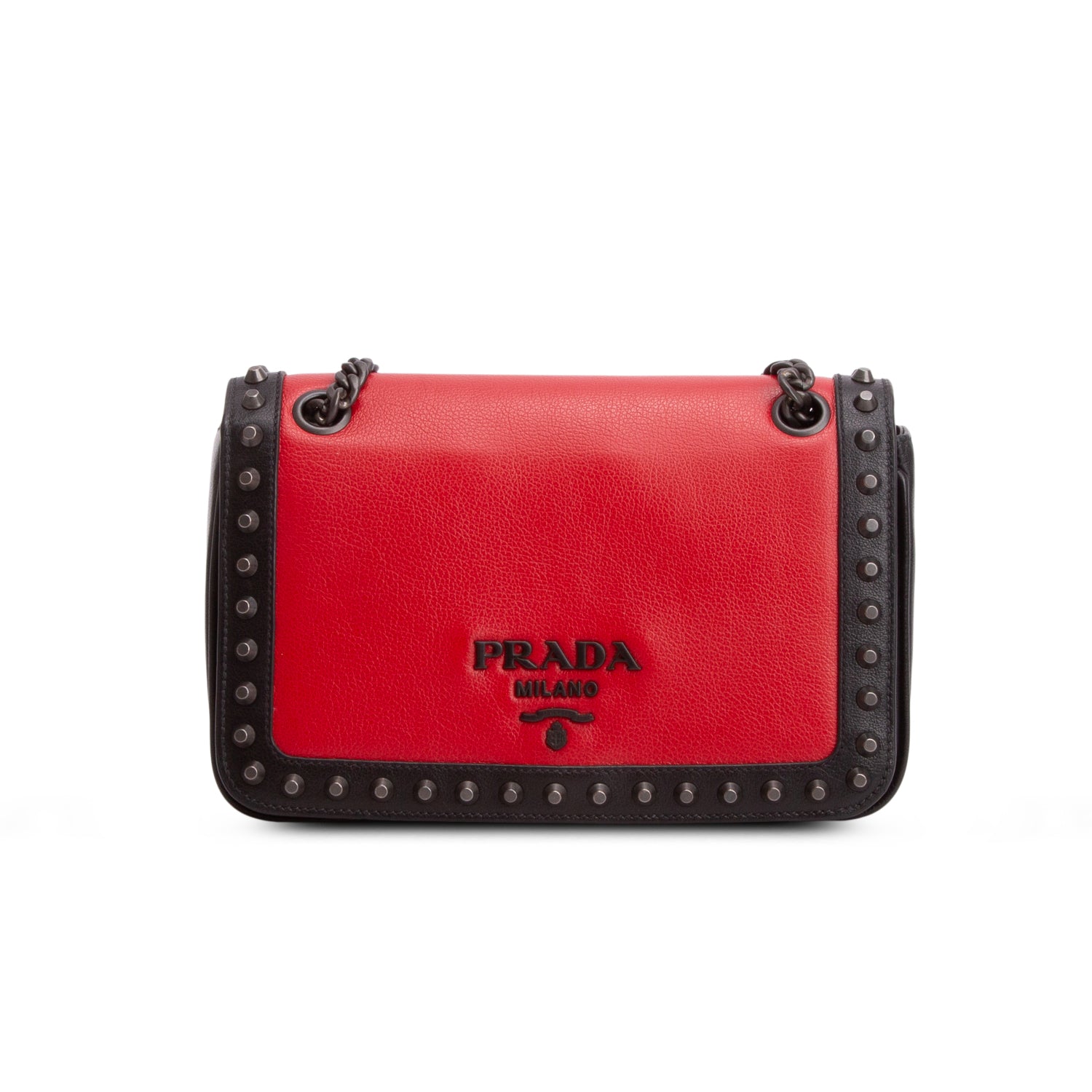Prada Red/Black Glace Calf Leather Studded Camera Crossbody Bag