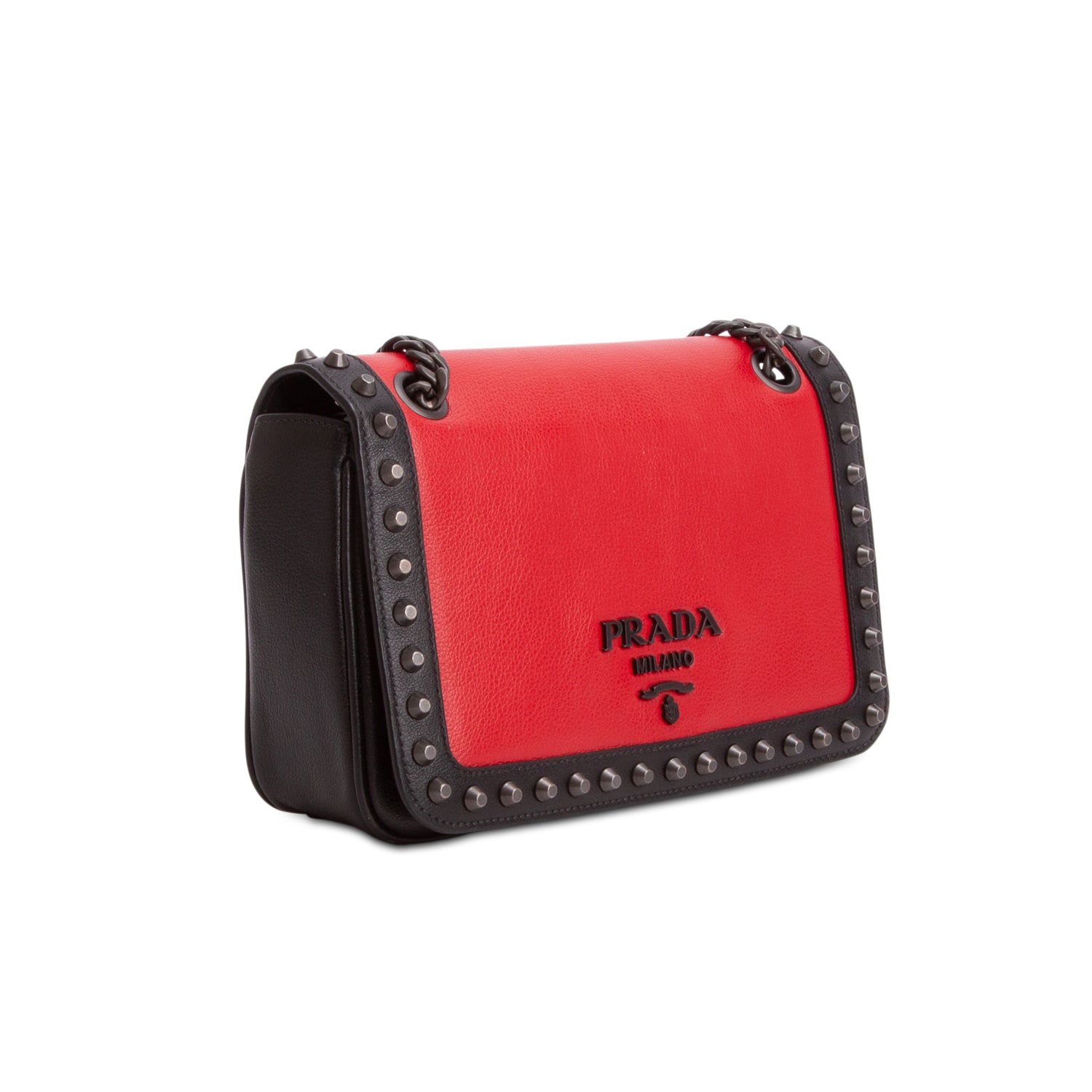 Prada Red/Black Glace Calf Leather Studded Camera Crossbody Bag