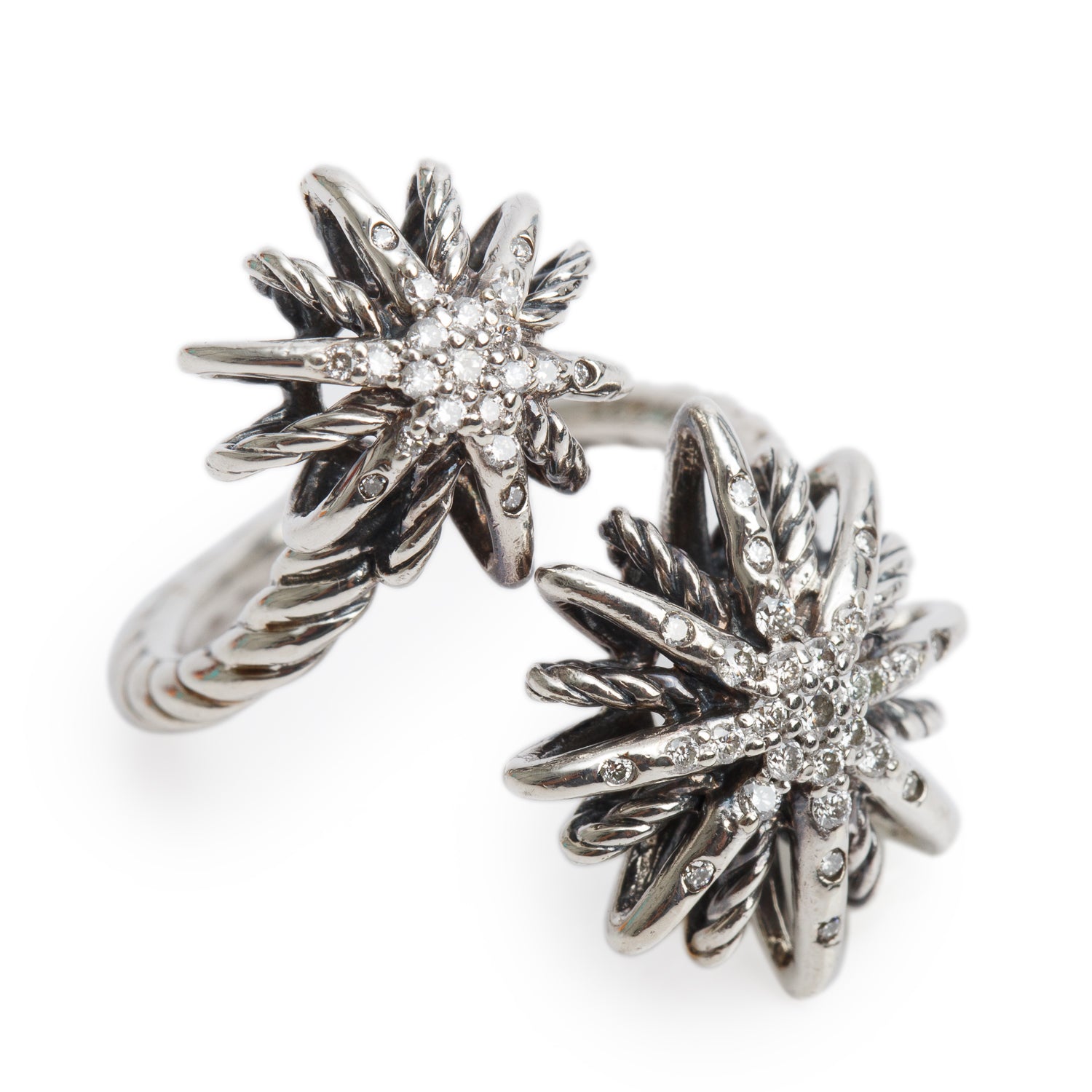 David Yurman Sterling Silver Diamond Starburst Bypass Ring, Size 4
