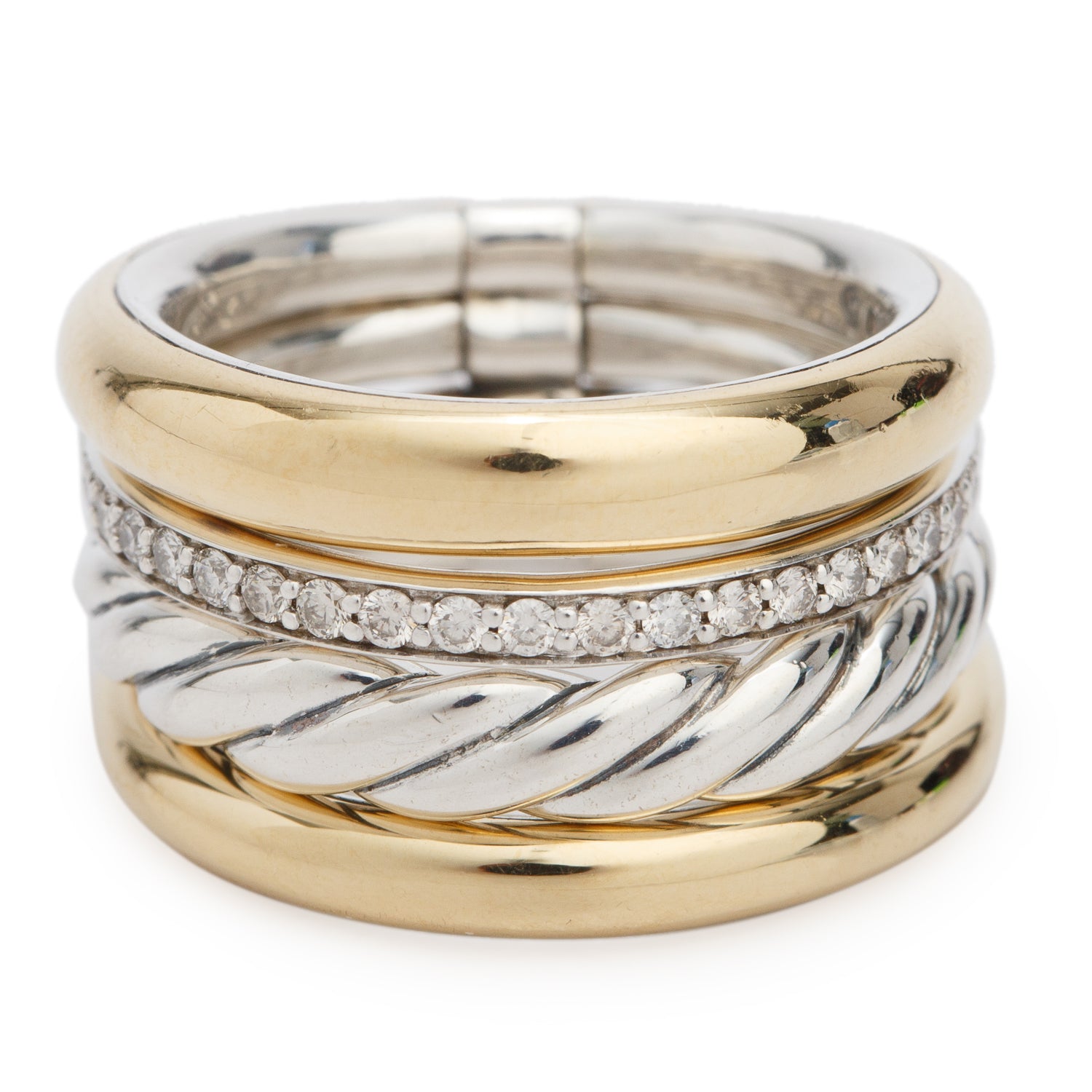 David Yurman Sterling Silver & 18k Yellow Gold Diamond DY Mercer Four Row Ring, Size 7