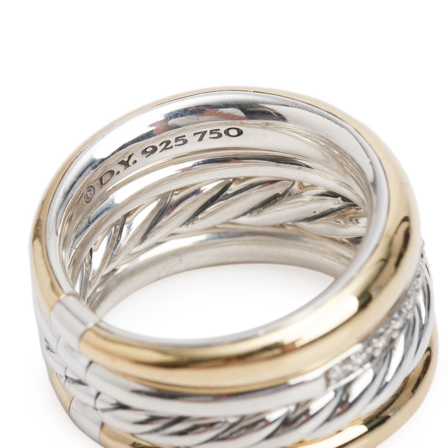 David Yurman Sterling Silver & 18k Yellow Gold Diamond DY Mercer Four Row Ring, Size 7