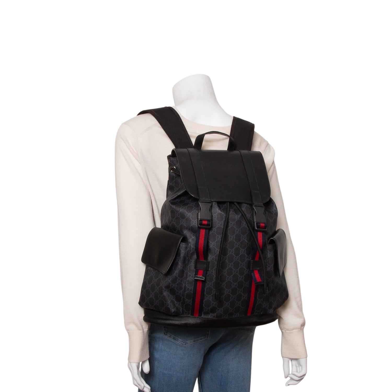 Gucci Soft GG Supreme Monogram Appia Calfskin Web Double Buckle Backpack
