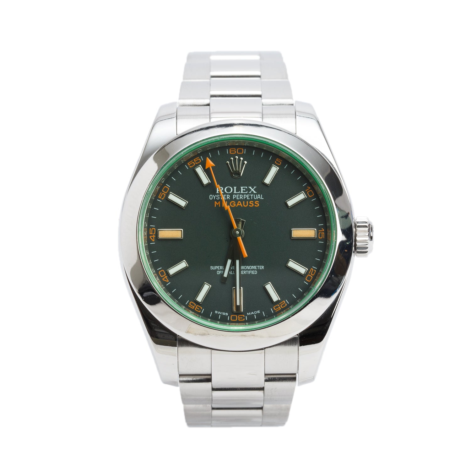 Rolex Stainless Steel Milgauss Green Crystal 40 MM Watch Black Dial 116400GV