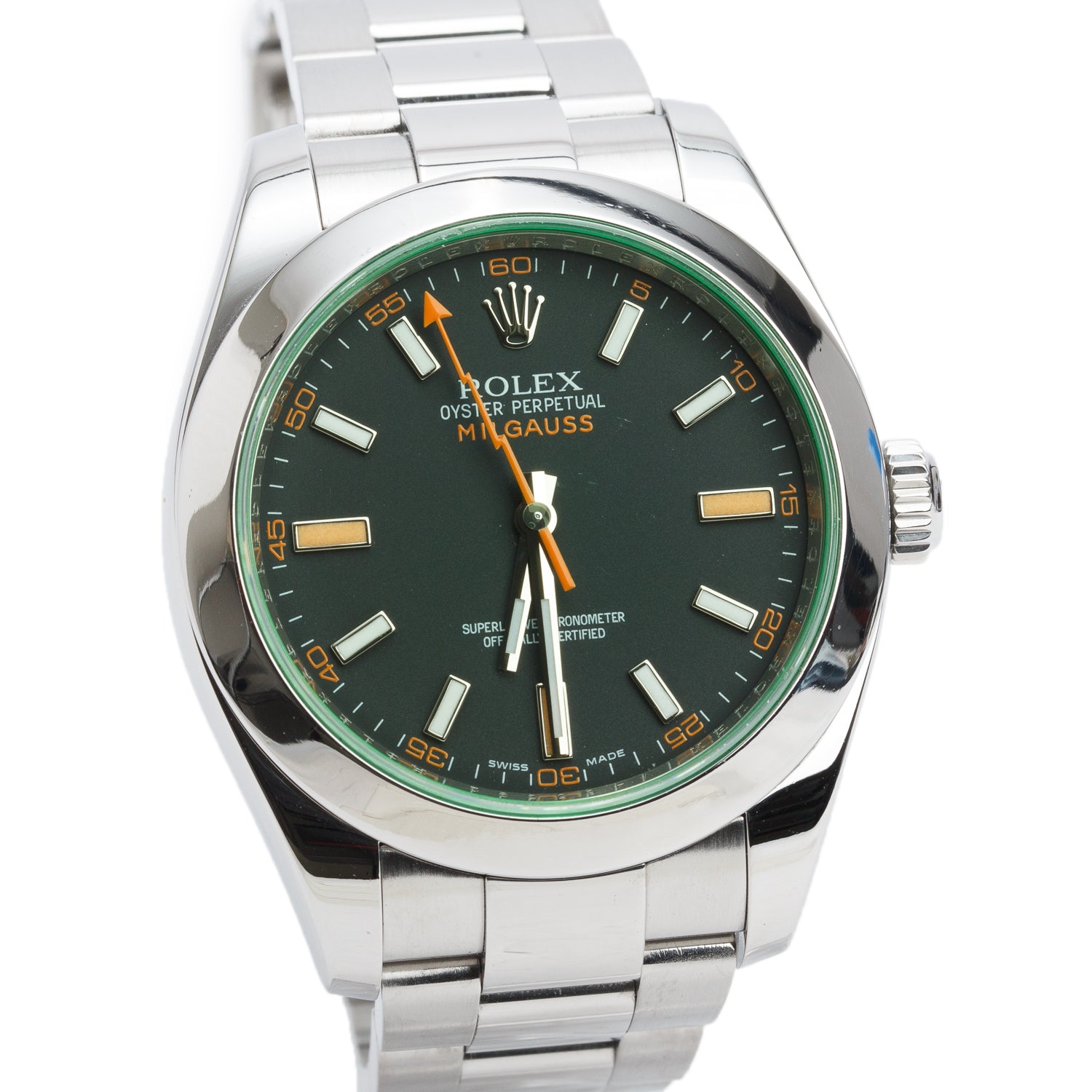 Rolex Stainless Steel Milgauss Green Crystal 40 MM Watch Black Dial 116400GV