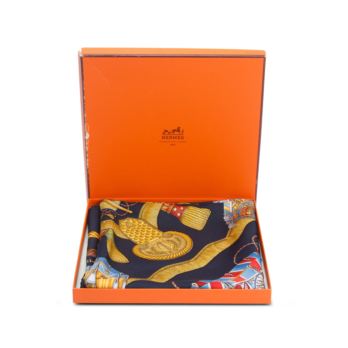 Hermes Blue & Multicolor 'Les Tambours' Silk Scarf 90 w/ Box