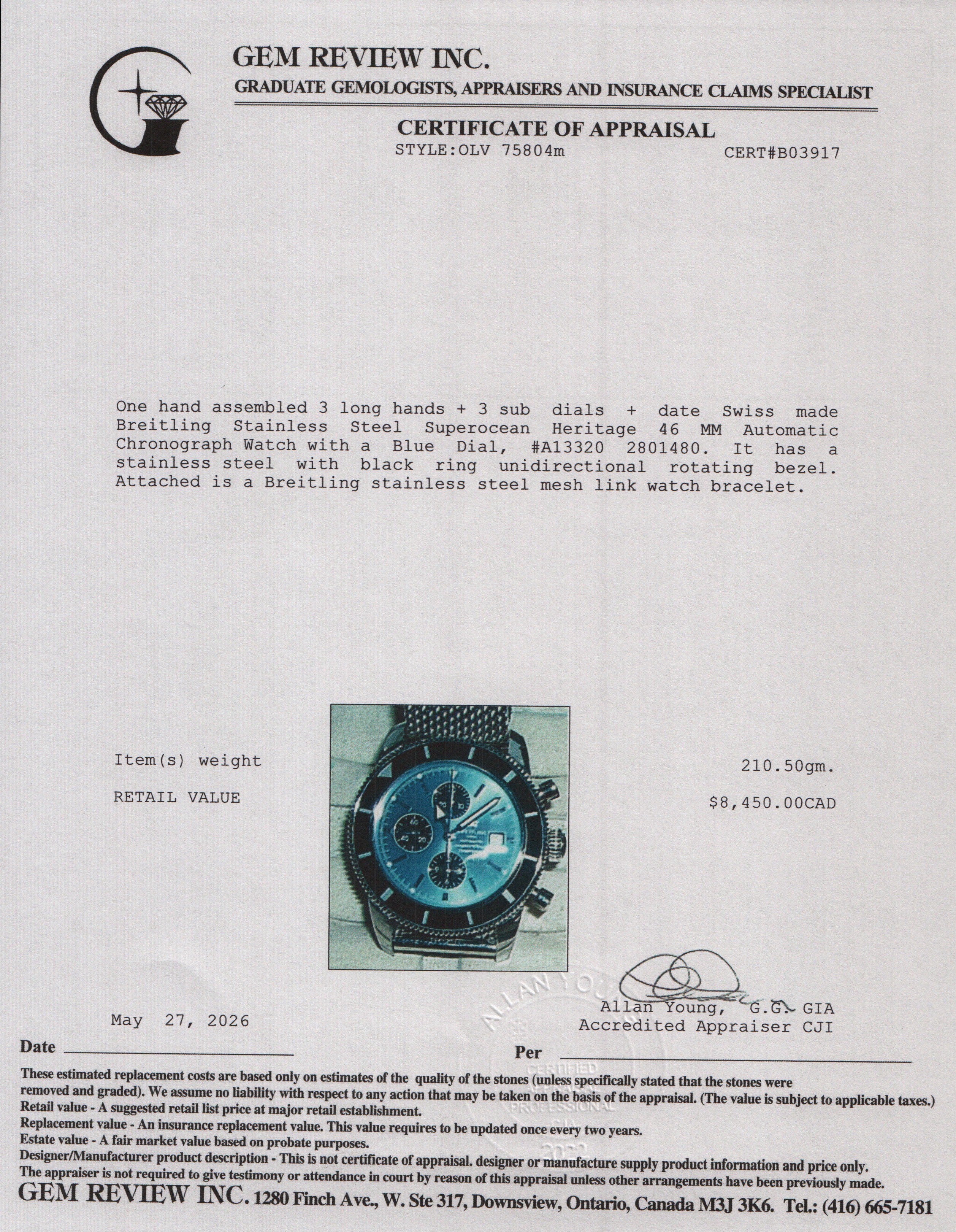 Breitling Stainless Steel Superocean Heritage 46 MM Automatic Chronograph Watch Blue Dial A13320 w/ Box & Papers
