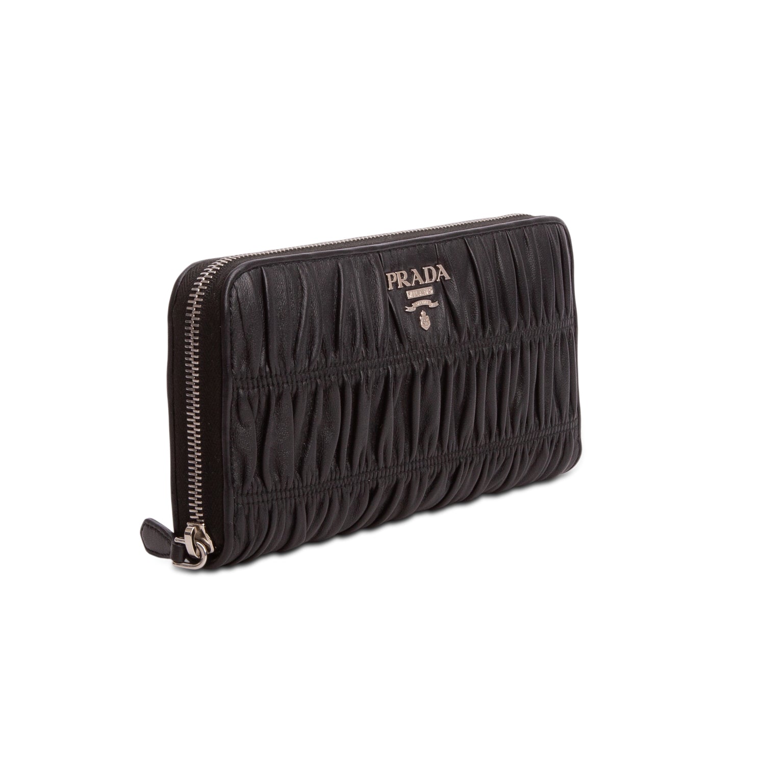 Prada Black Nappa Gaufre Leather Zip Around Wallet w/ Box