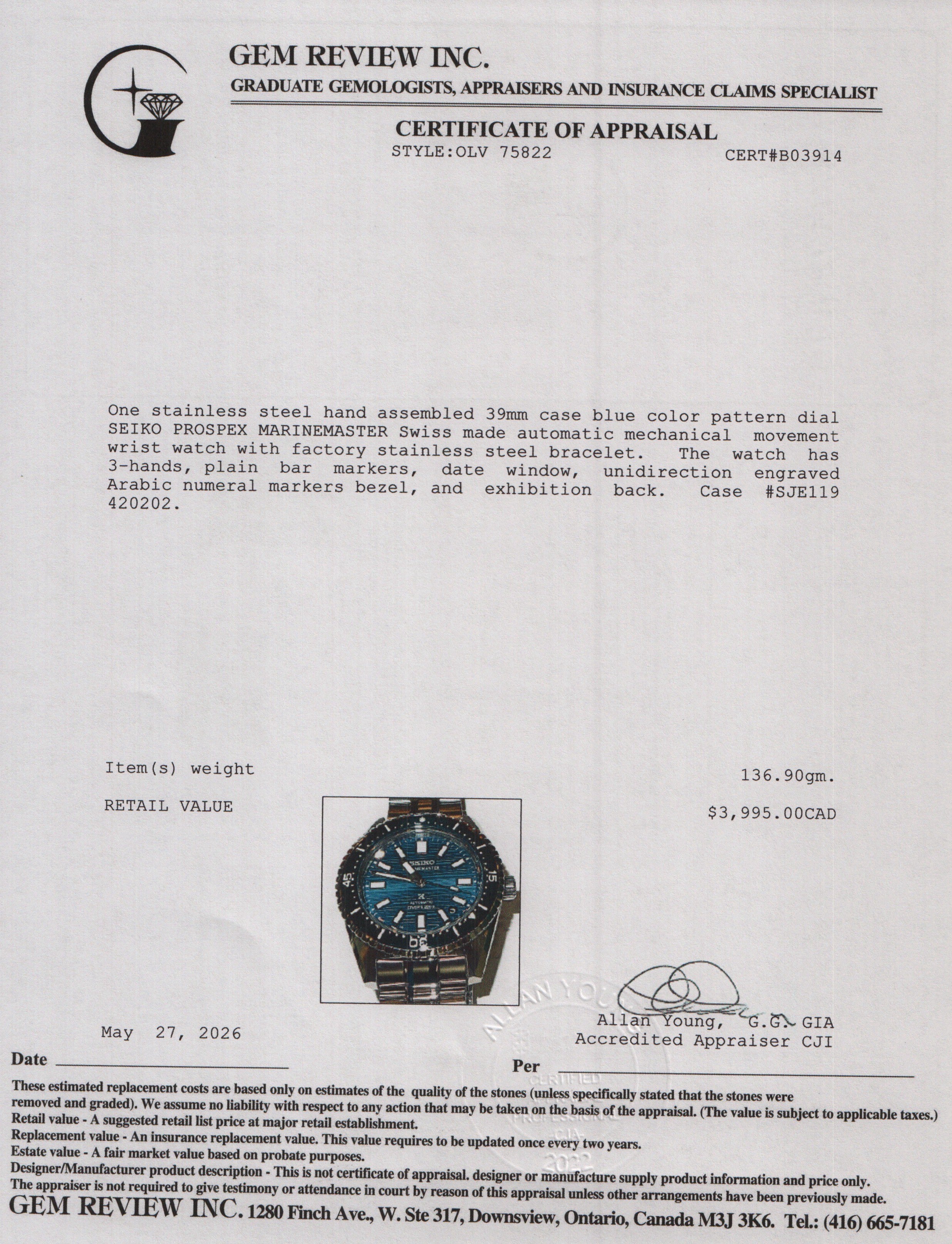 Seiko 2026 Stainless Steel Prospex Marinemaster 39 MM Automatic Watch Blue Dial SJE119 w/ Box & Papers