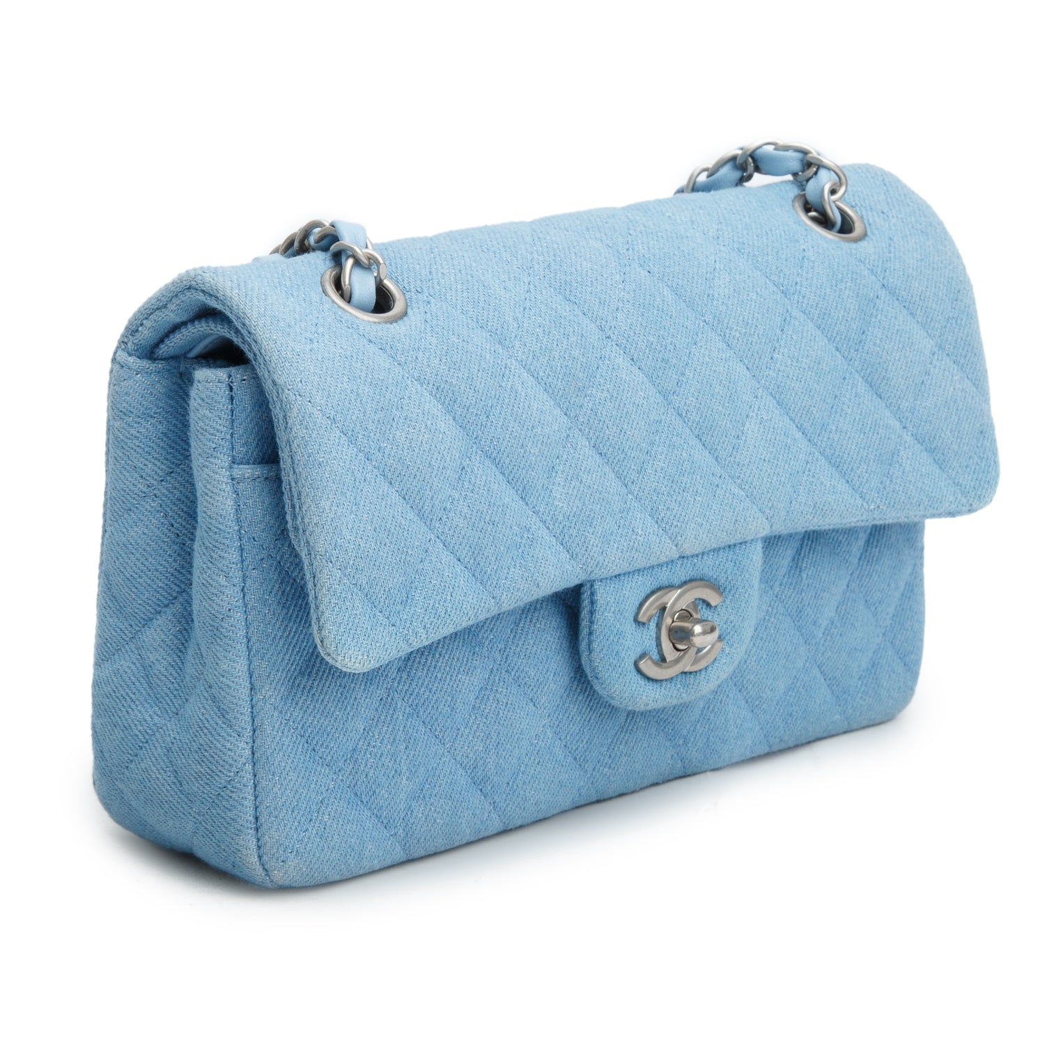 Chanel Blue Denim Quilted Small Double Flap Bag w/ Box