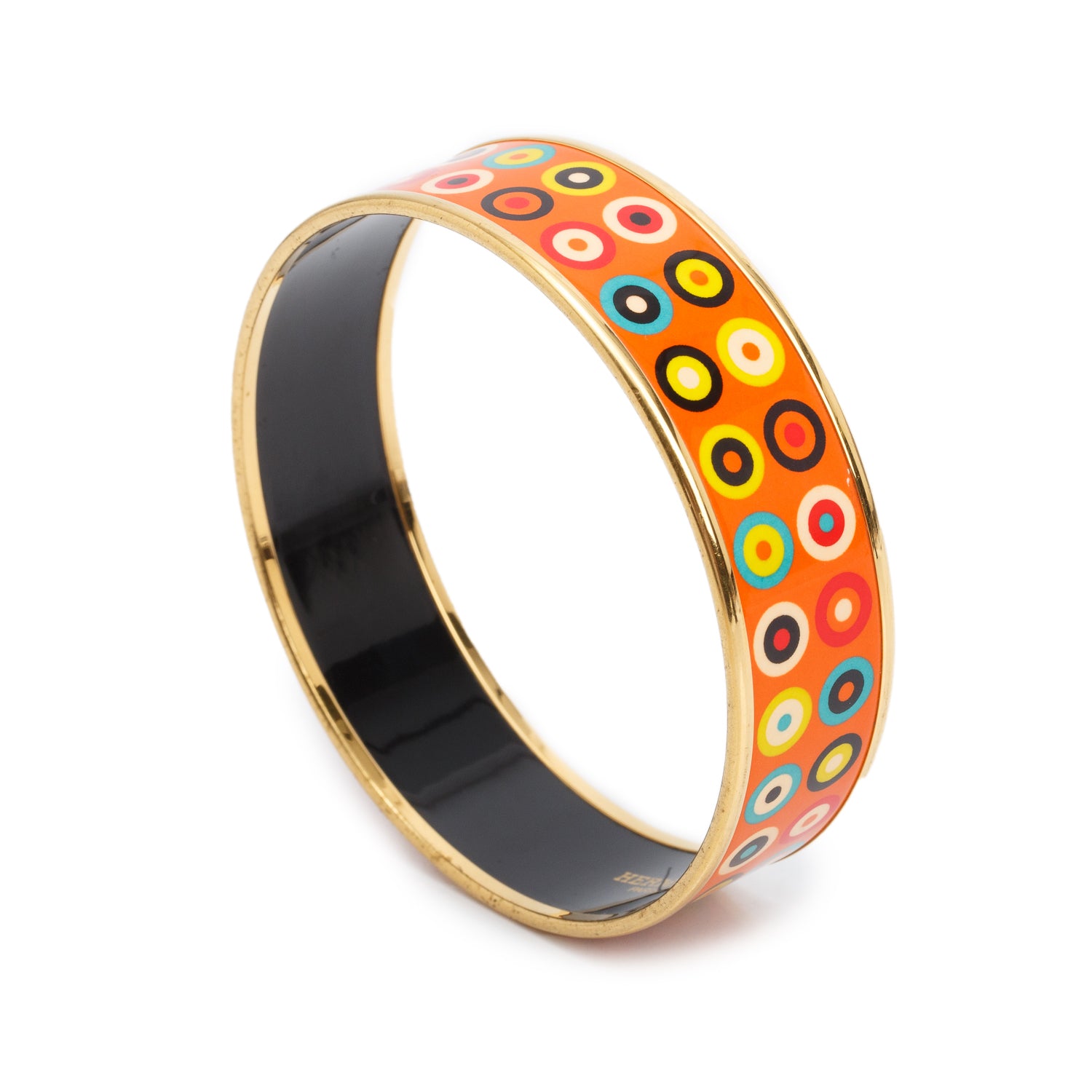 Hermes Gold-Plated Orange 'Dancing Circles' Enamel Wide Bangle w/ Box
