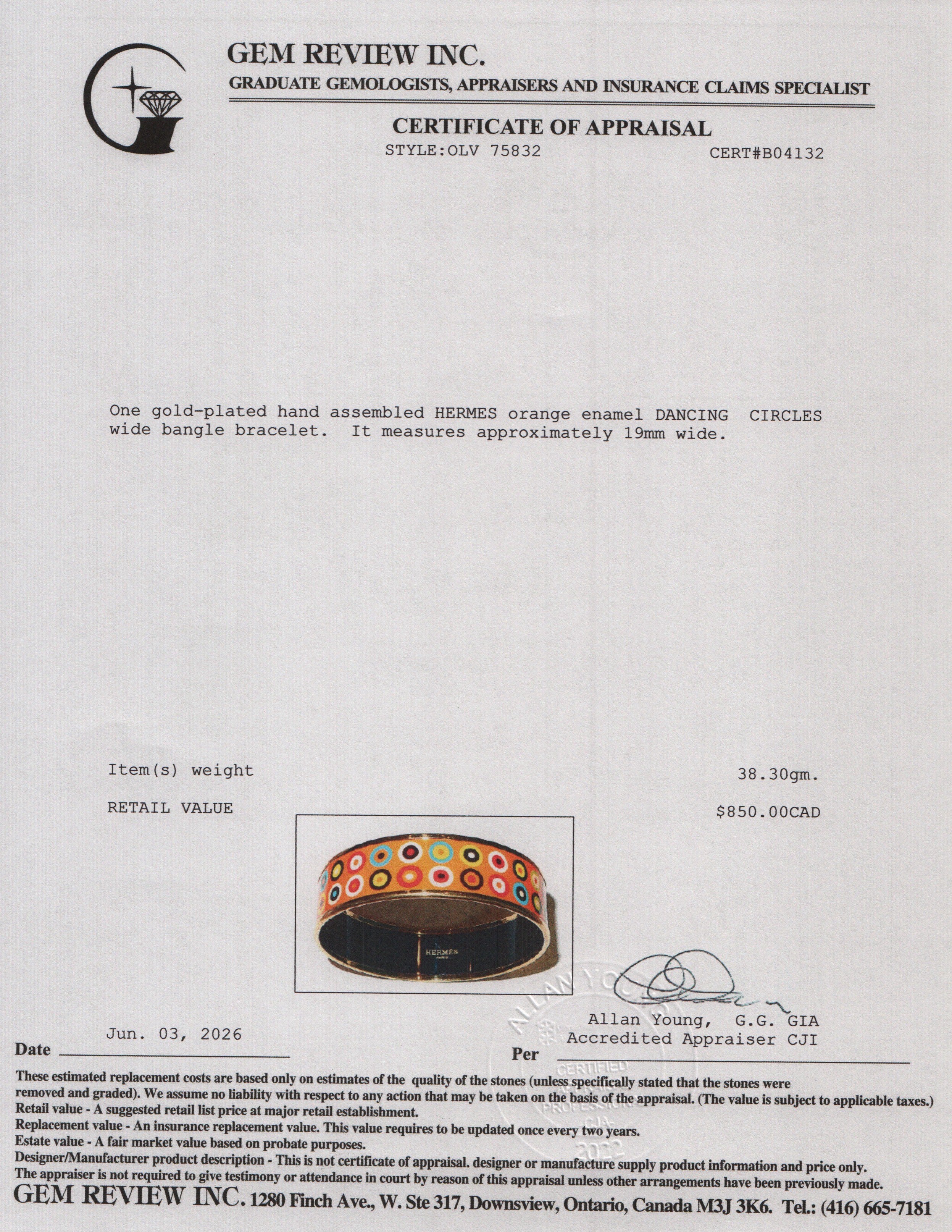 Hermes Gold-Plated Orange 'Dancing Circles' Enamel Wide Bangle w/ Box