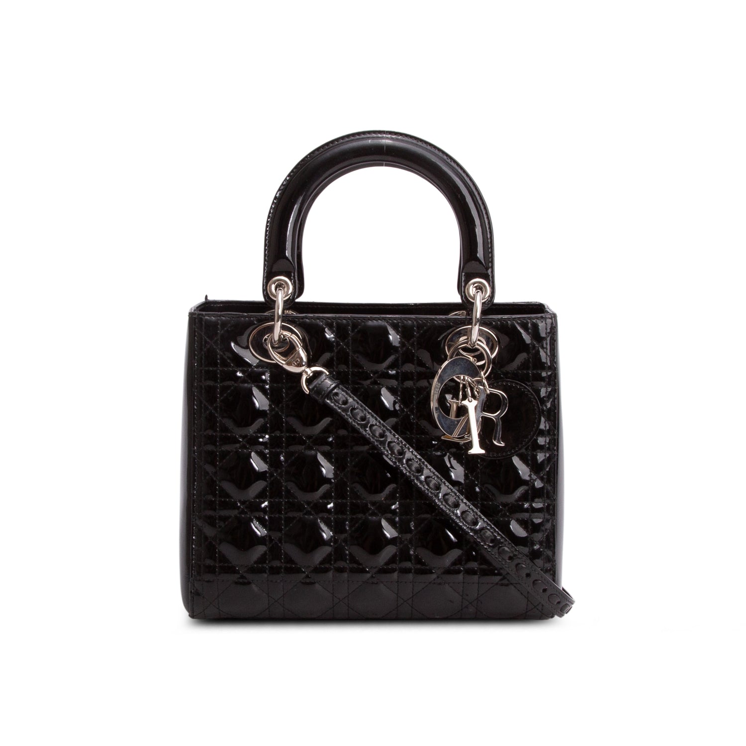 Christian Dior Black Cannage Patent Leather Medium Lady Dior Bag w/ Straps