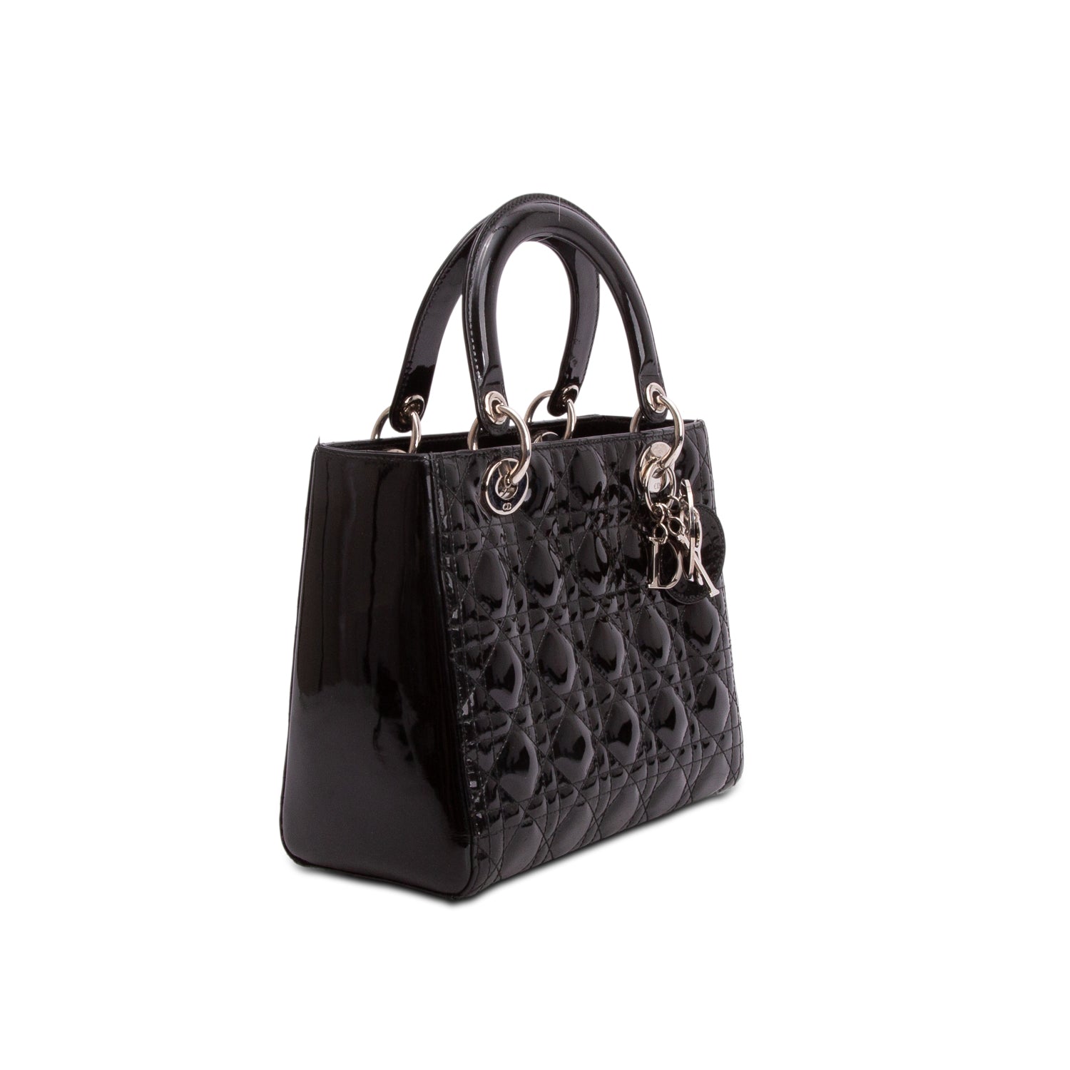Christian Dior Black Cannage Patent Leather Medium Lady Dior Bag w/ Straps