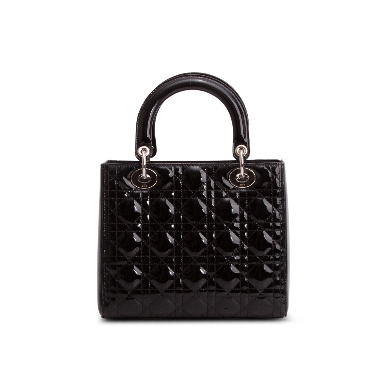Christian Dior Black Cannage Patent Leather Medium Lady Dior Bag w/ Straps