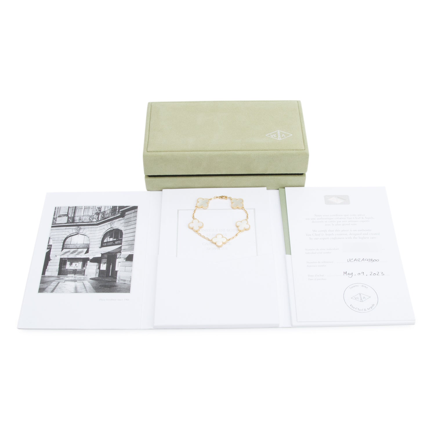 Van Cleef & Arpels 2023 18k Yellow Gold Vintage Alhambra 5 Motif Mother of Pearl Bracelet w/ Box , Receipt, & Certificate