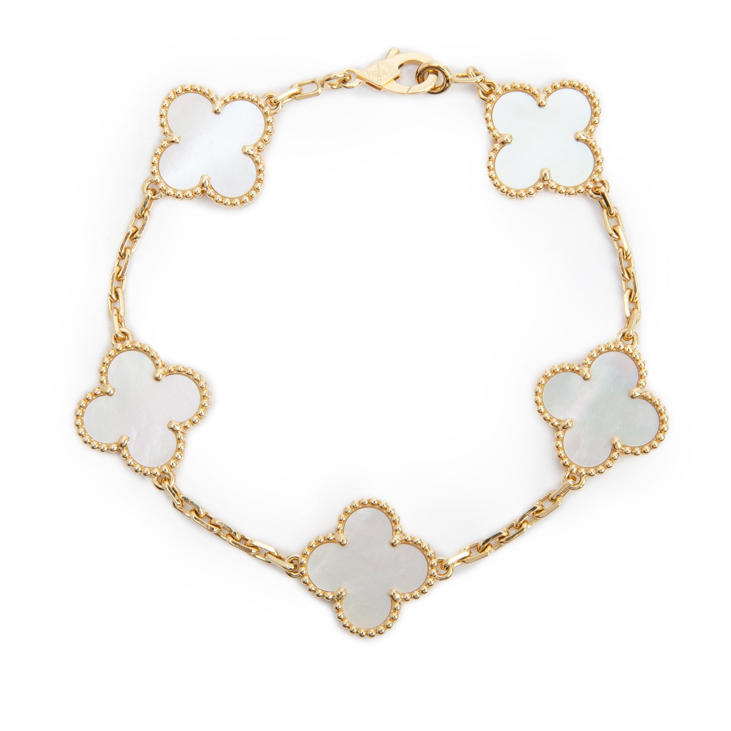 Van Cleef & Arpels 2023 18k Yellow Gold Vintage Alhambra 5 Motif Mother of Pearl Bracelet w/ Box , Receipt, & Certificate