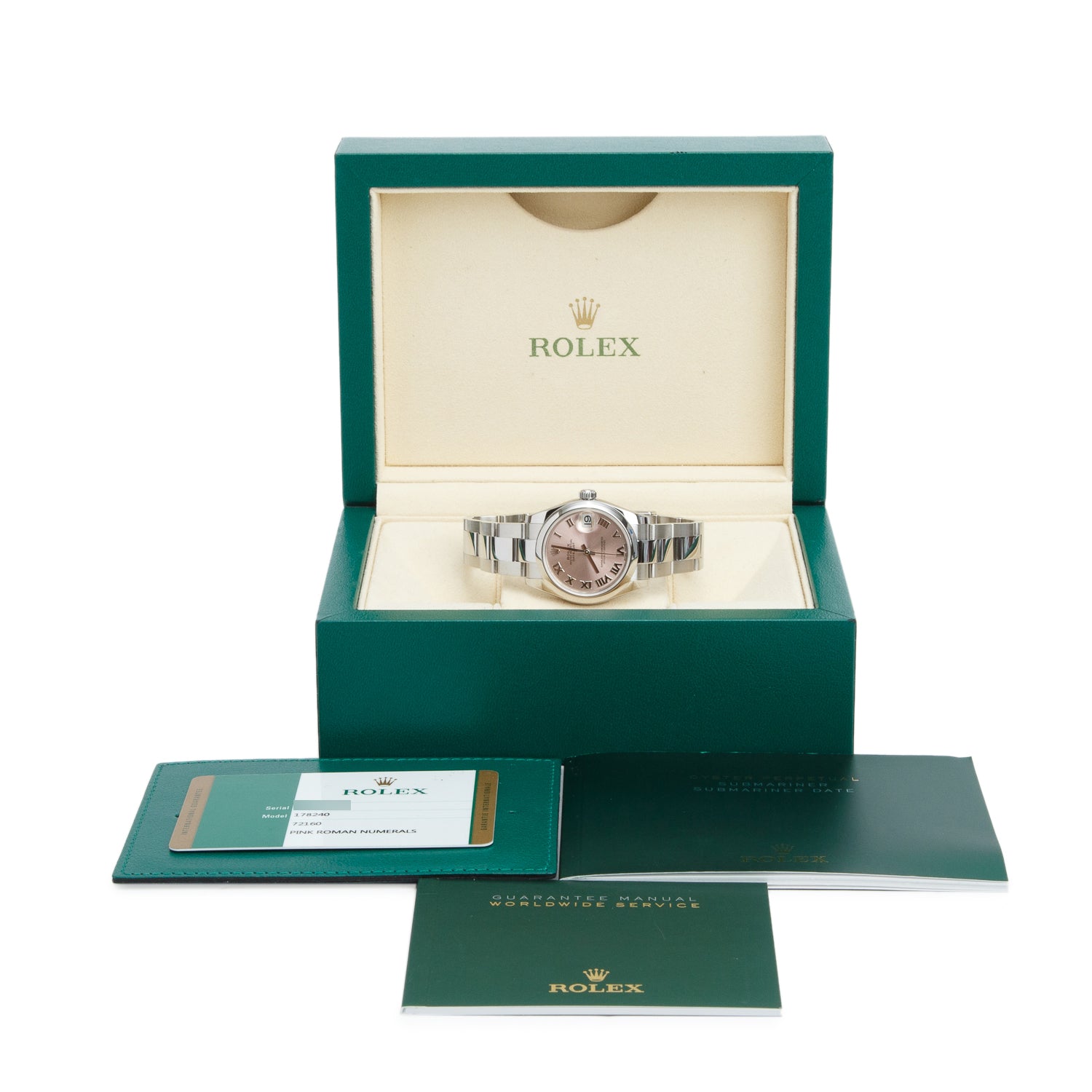 Rolex Stainless Steel Oyster Perpetual Datejust 31 MM Automatic Watch Pink Roman Numeral Dial 178240 w/ Box & Papers