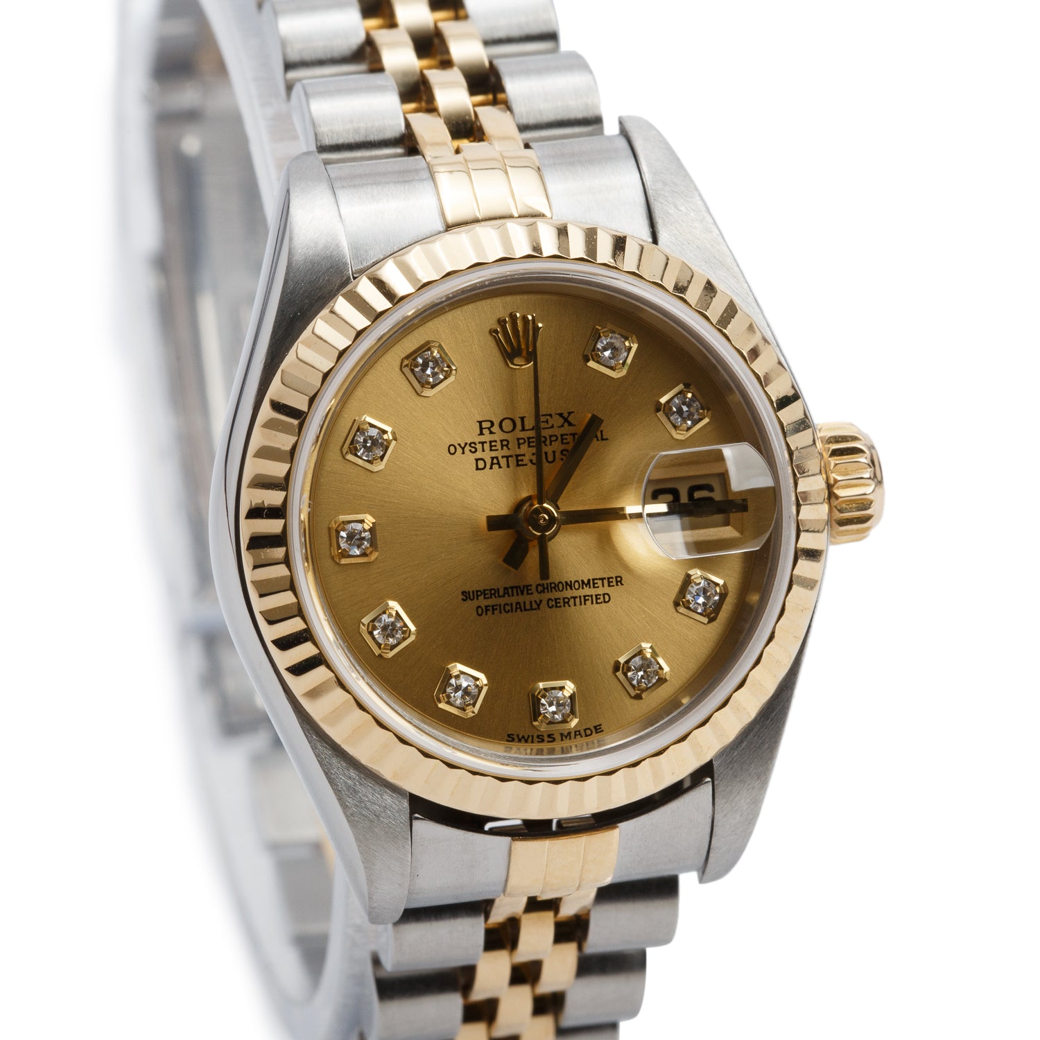 Rolex Stainless Steel & 18k Yellow Gold Datejust 26 MM Watch Champagne Diamond Dial 79173 w/ Box