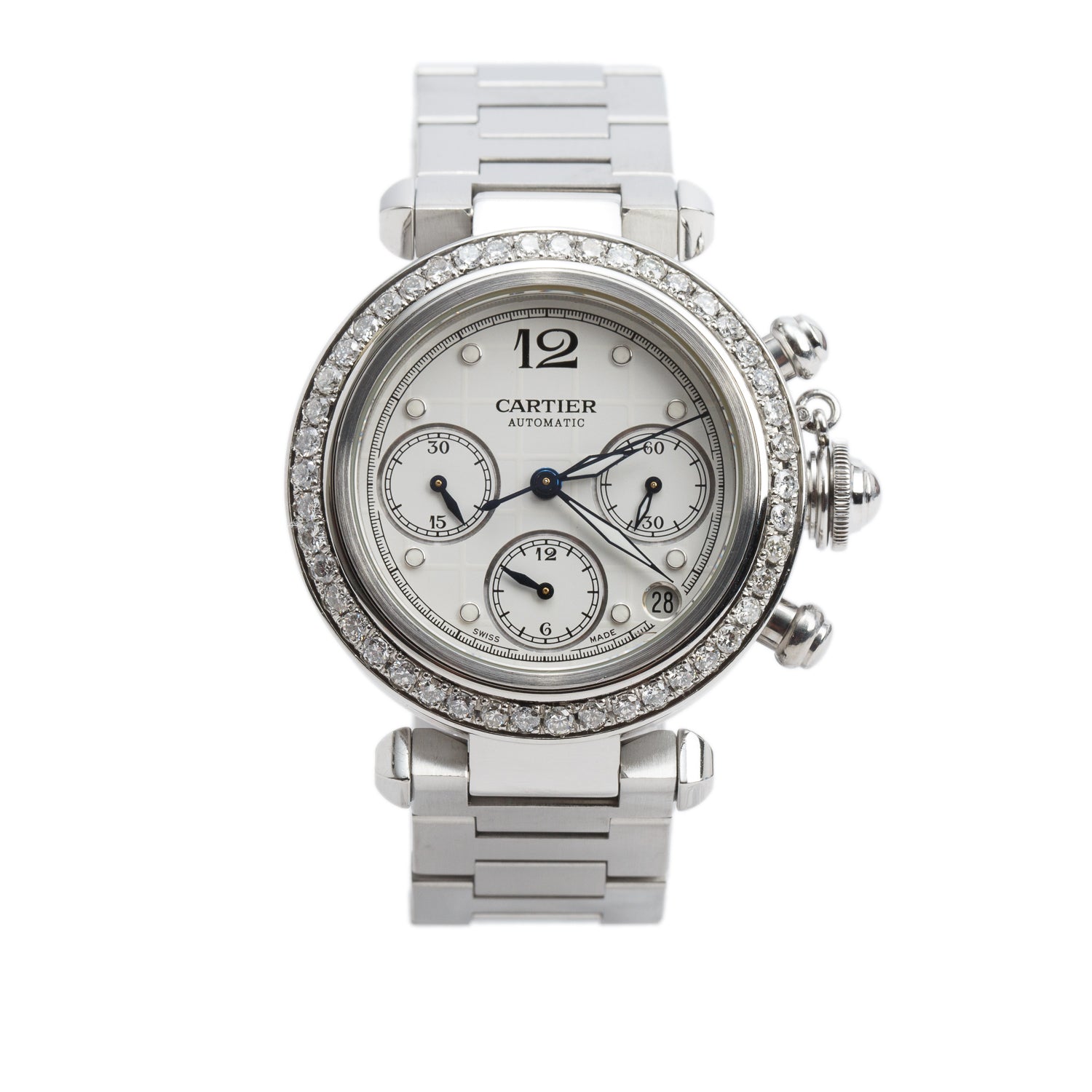 Cartier Stainless Steel Diamond Bezel Pasha C 36 MM Automatic Chronograph Watch 2412