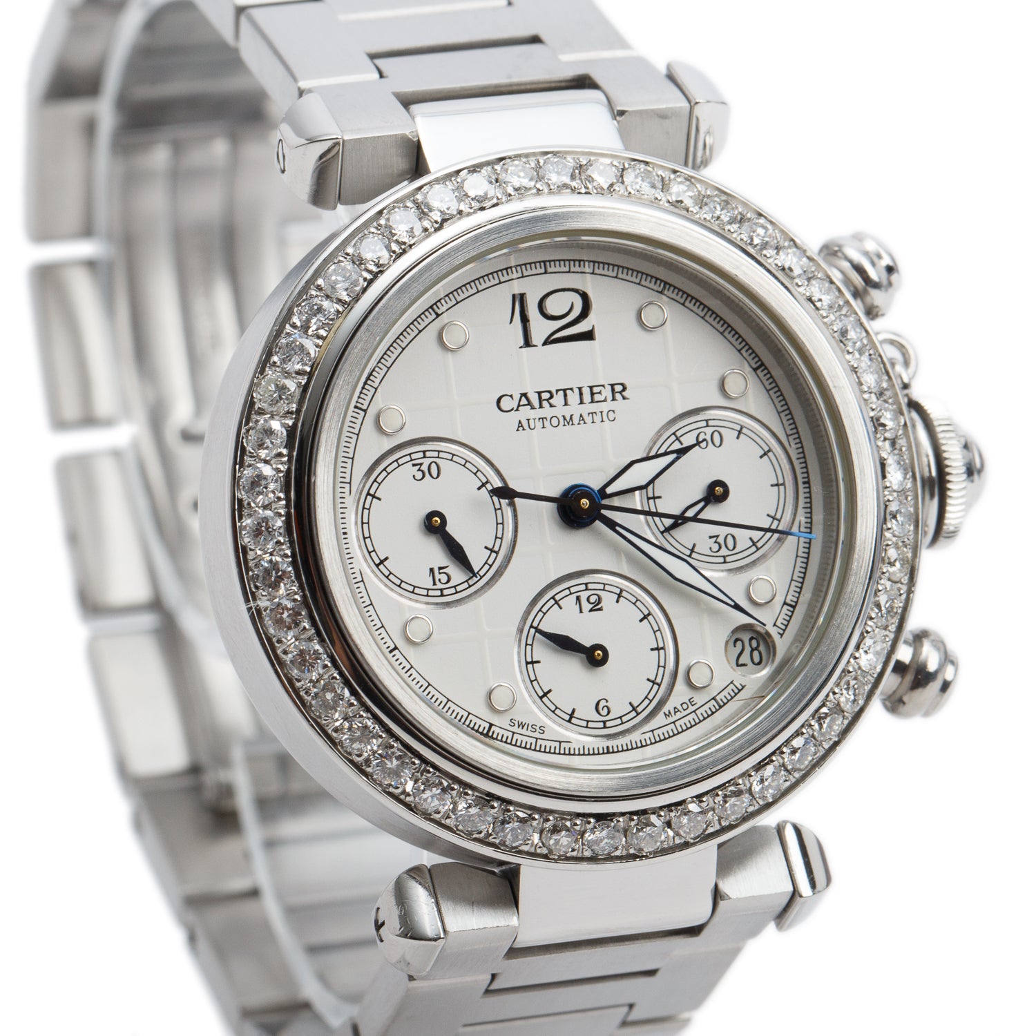 Cartier Stainless Steel Diamond Bezel Pasha C 36 MM Automatic Chronograph Watch 2412