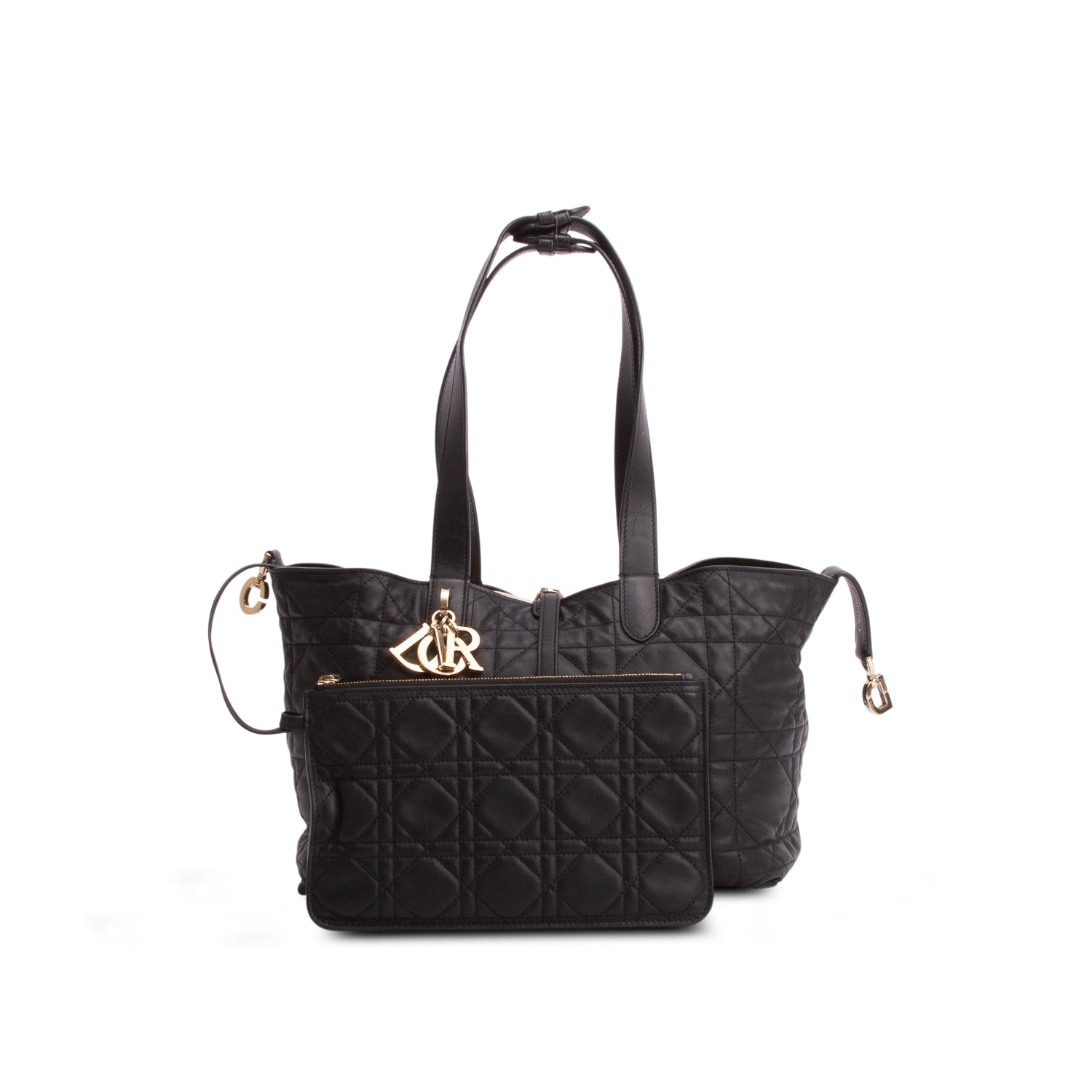 Christian Dior 2023 Black Calfskin Macrocannage Medium Toujours Tote w/ Pouch