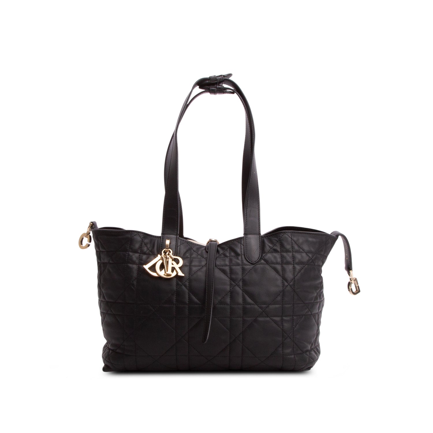 Christian Dior 2023 Black Calfskin Macrocannage Medium Toujours Tote w/ Pouch