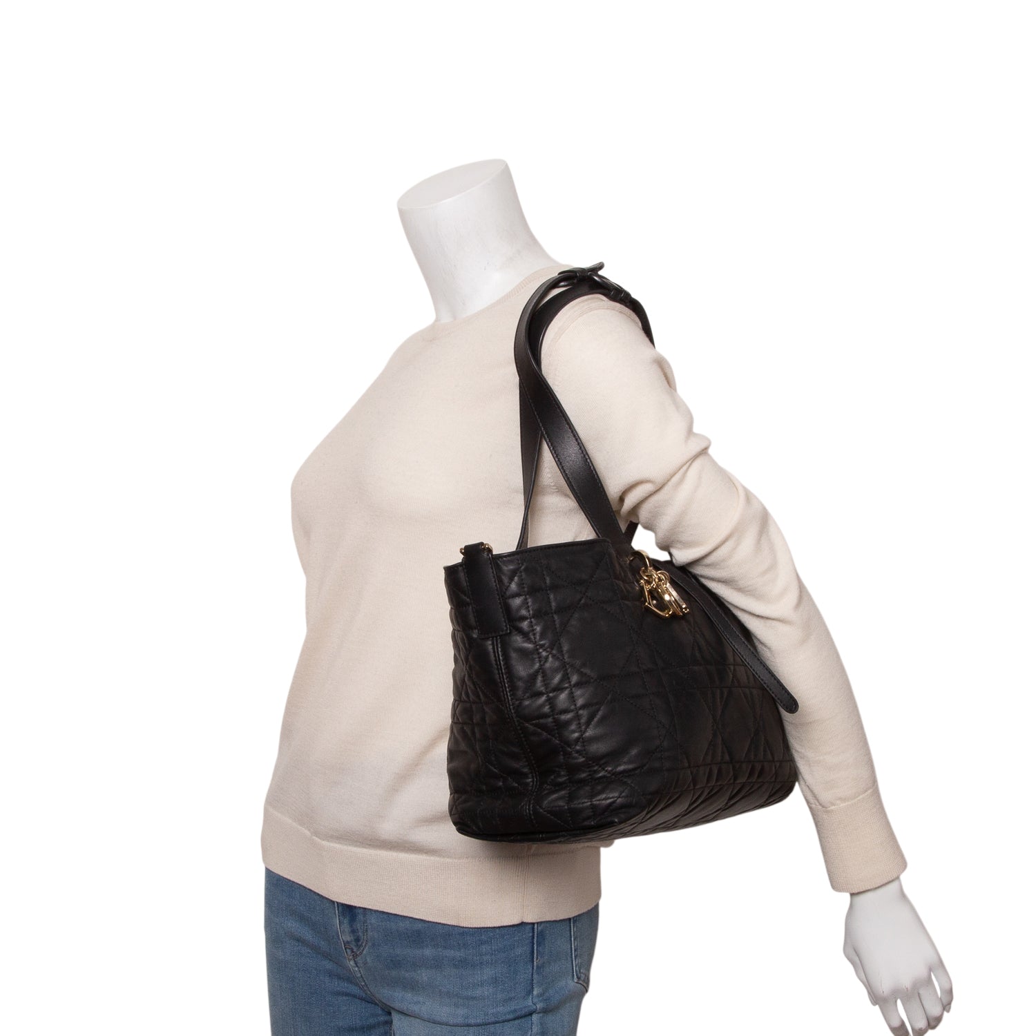 Christian Dior 2023 Black Calfskin Macrocannage Medium Toujours Tote w/ Pouch