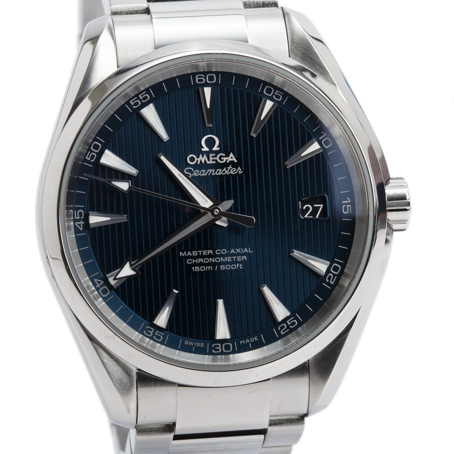 Omega Stainless Steel Seamaster Aqua Terra 150M Master Co-Axial Chronometer 41.5 MM Automatic Watch Blue Dial w/ Box