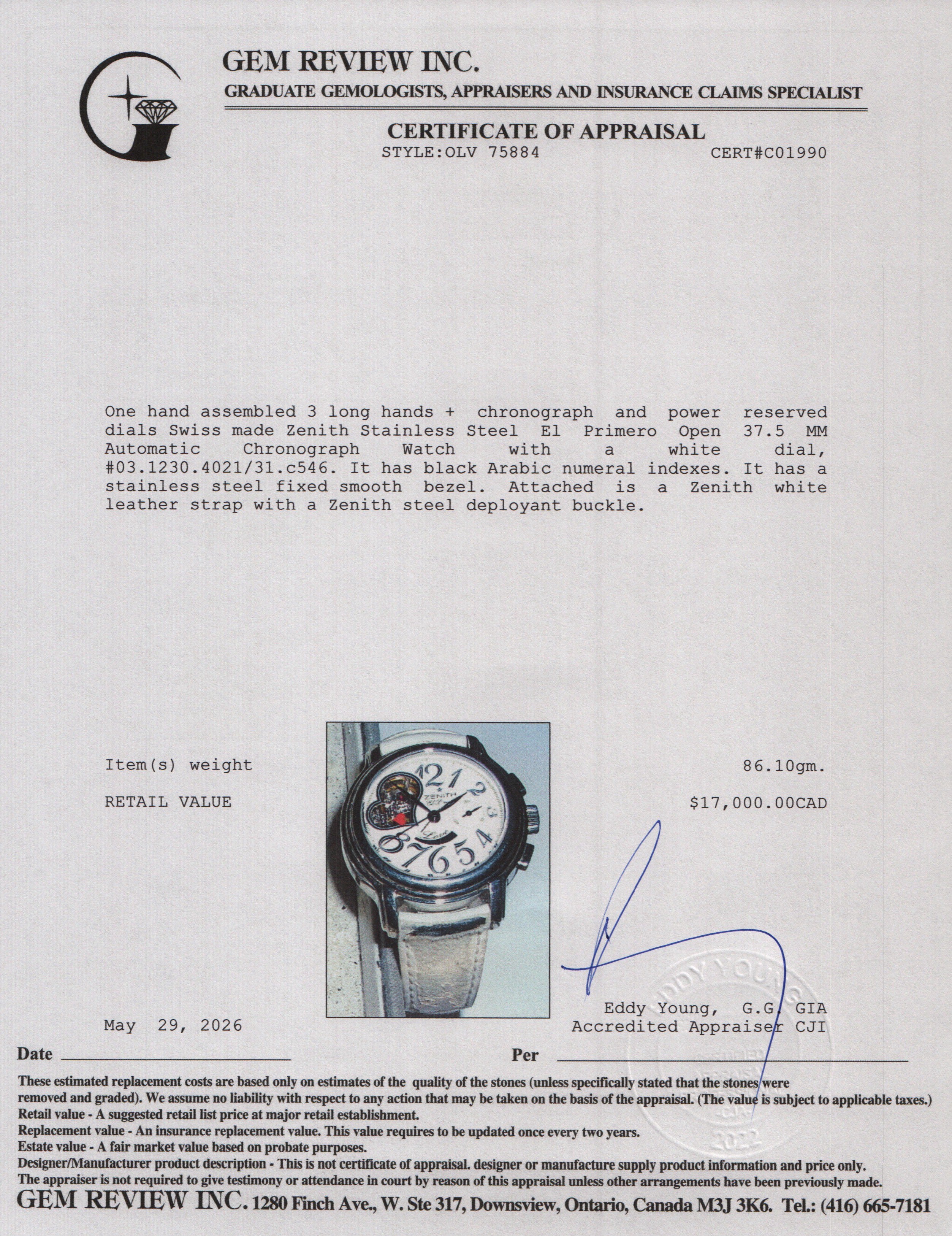 Zenith Stainless Steel El Primero Open 37.5 MM Automatic Chronograph Watch