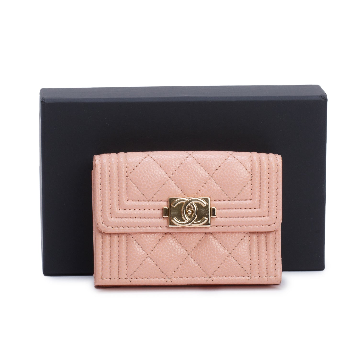 Chanel Pink Quilted Caviar Leather Boy Trifold Compact Wallet w/ Box & Authenticity Card