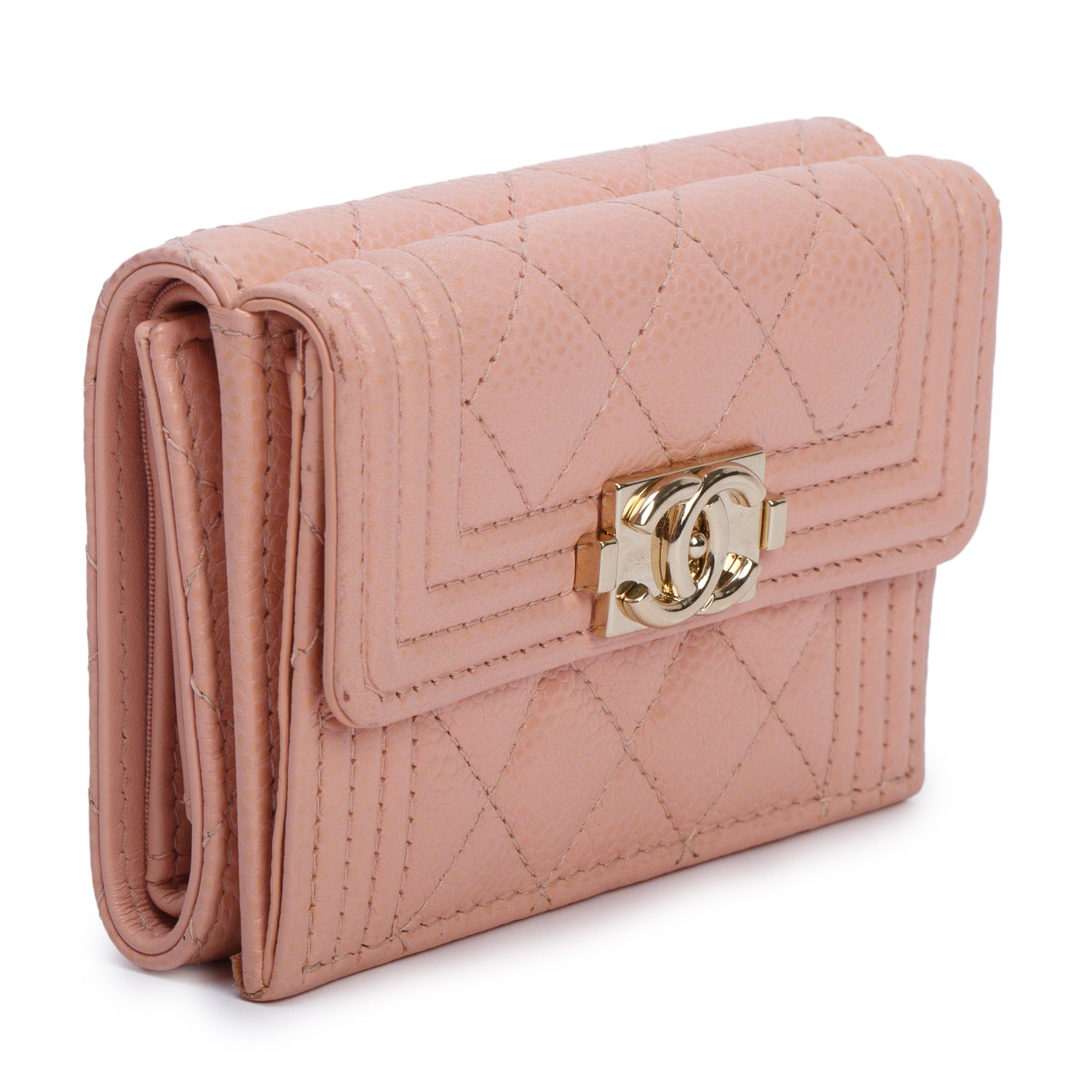 Chanel Pink Quilted Caviar Leather Boy Trifold Compact Wallet w/ Box & Authenticity Card